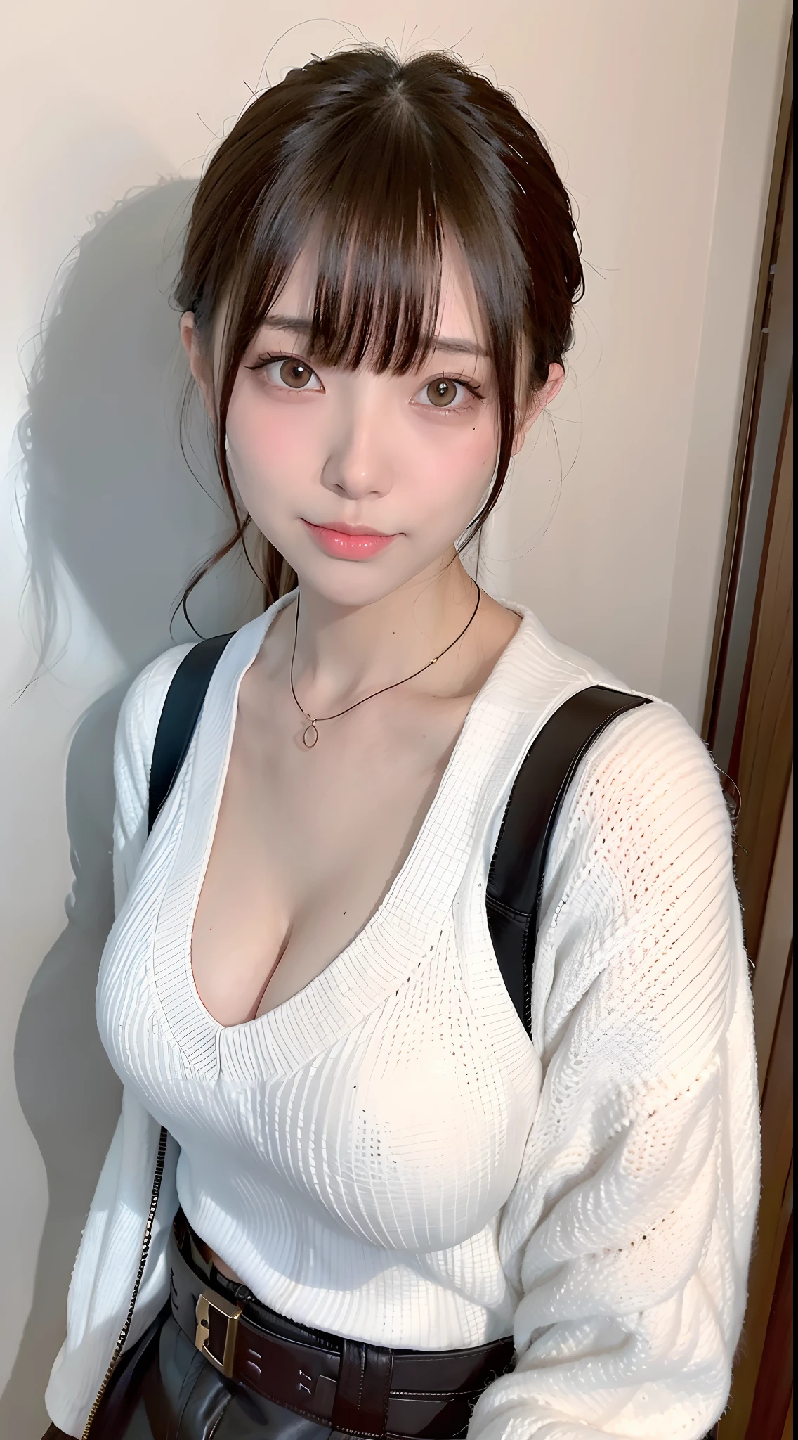 (top-quality、8K、32K、​masterpiece、nffsw:1.2)、Photo of a cute Japanese woman、Colossal tits:1.4、very short bobbed hair、The upper part of the body、sface focus、Oversized_Sweaters、a necklace、simple background、From  above、looking at the viewers、cleavage of the breast:1.5、Balanced body