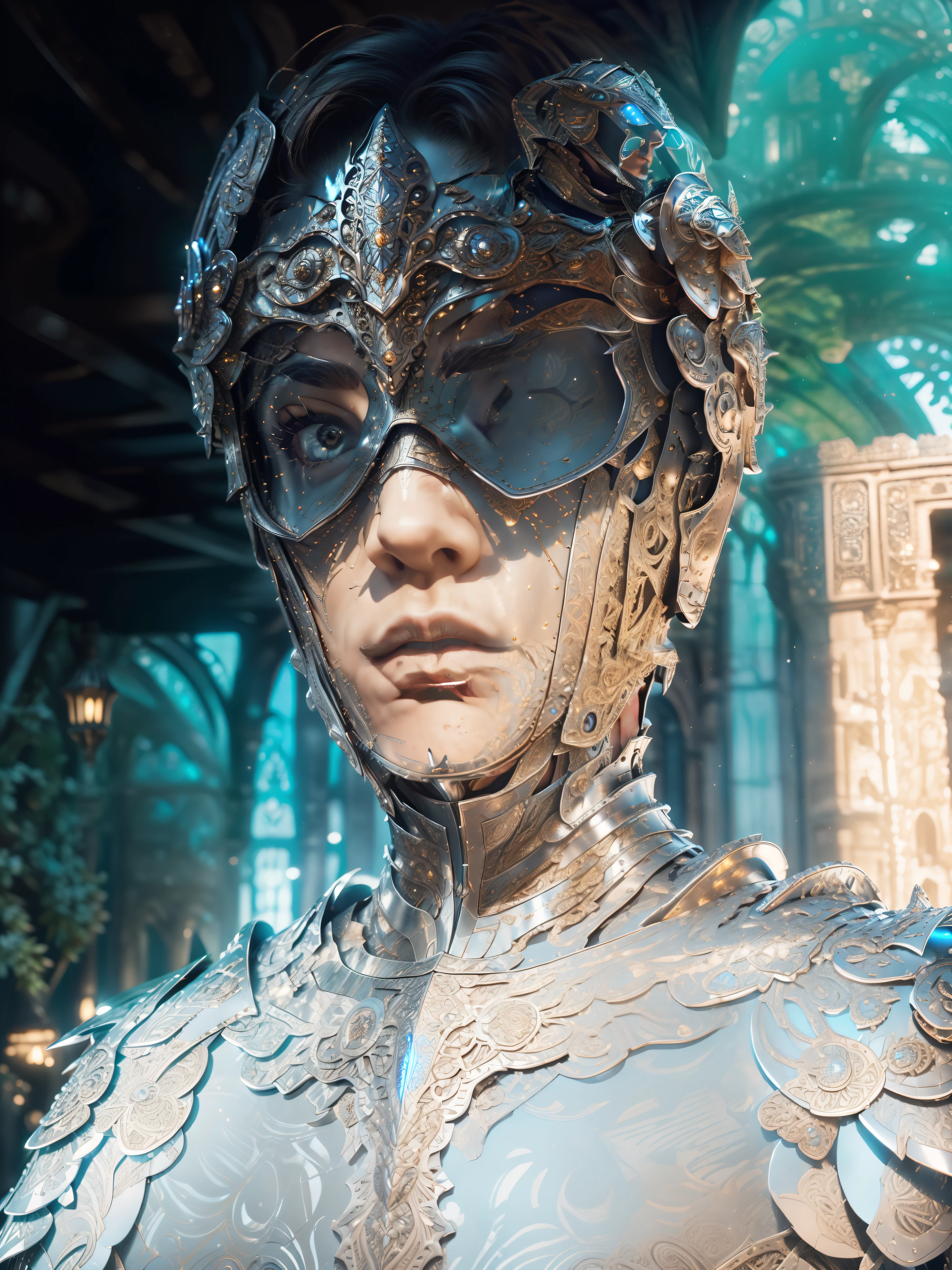 (Masterpiece, Best quality),(extremly intricate:1.3), (Realistic), 1boys, 18yr old, Caucasians,Wear combat goggles, Perfect lips,Perfect nose, Black hair,, (Medieval armor), metallic reflective, (((Silver armor))), Outdoors, far away castle, (Ornately decorated armor), (insanely details, full bloom:1.5), chainmail, Strong sunshine, Professional photograph of a stunning man detailed, Sharp focus, Award-Awarded, Cinematic lighting, The background is blurred out, Upper body, ((self-assured)), (Pose:Looking at the camera)
