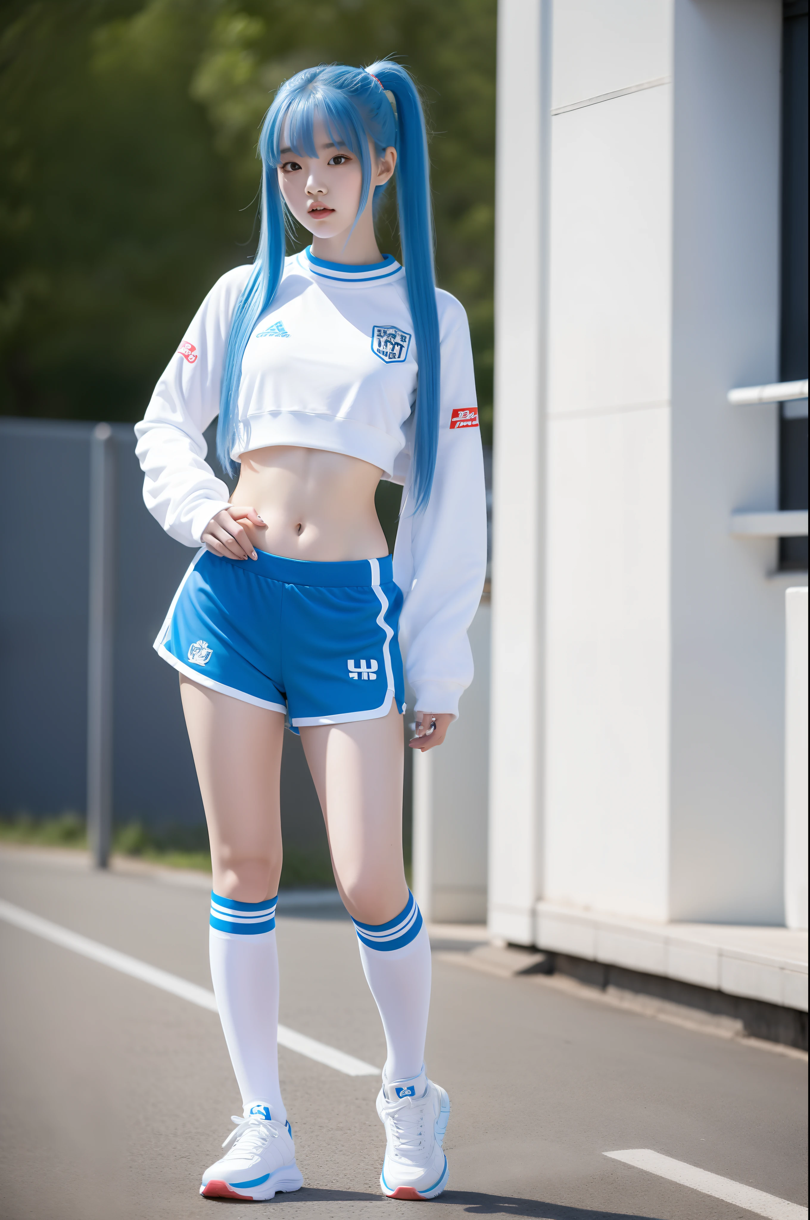 A girl with light blue hair in a twin bun and wearing a soccer uniform is raped and licking a penis. Her belly is exposed and her breasts are hanging from her chest.