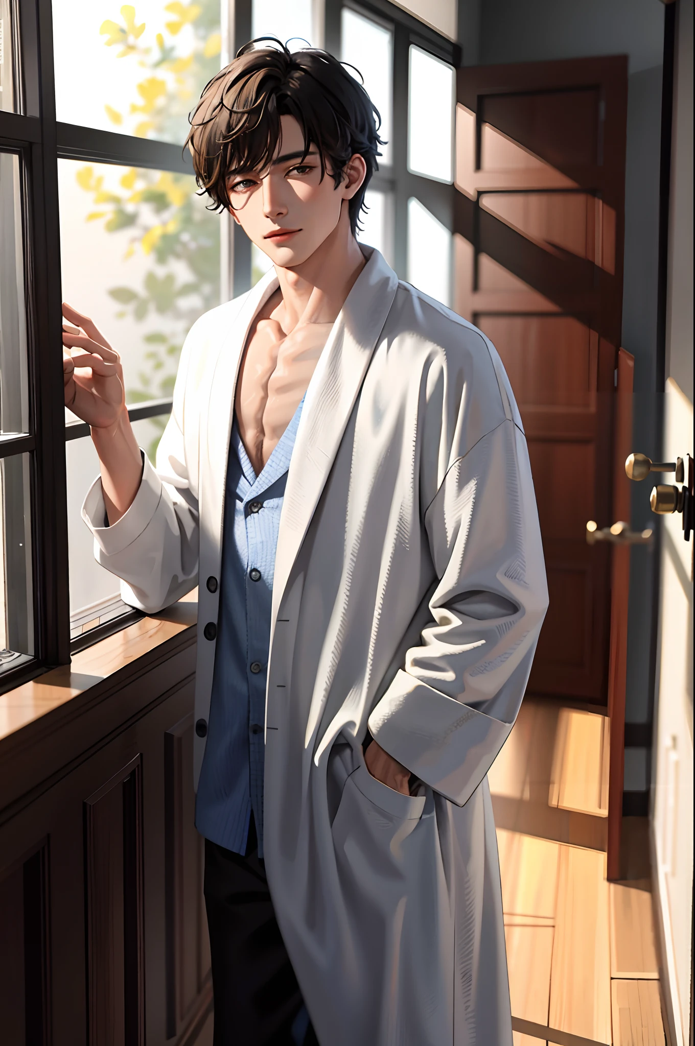 Masterpiece, MUCH QUALITY,The is very detailed. The scene features a boy in a bathrobe, Has an alluring sensual atmosphere. Implemented in 8K,Focus on realism (1.5).