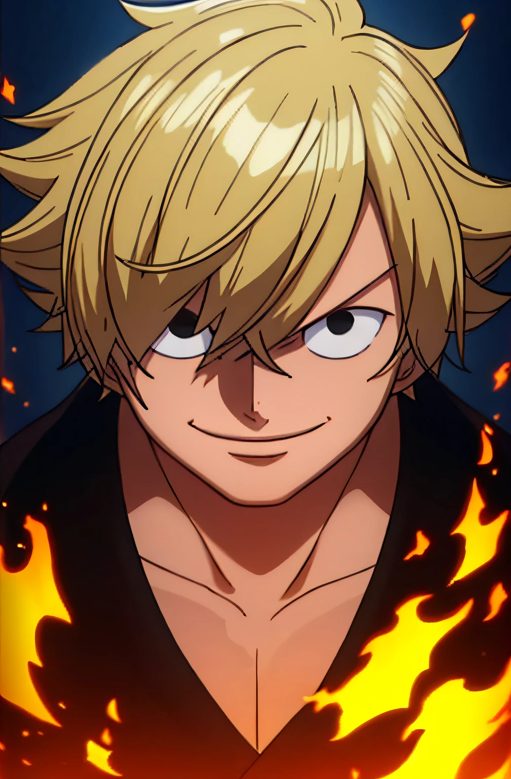 1boy, wanostyle, smiling, blonde hair, looking at viewer, solo, upper body, ((masterpiece)), (best quality), (extremely detailed), depth of field, sketch, dark intense shadows, sharp focus, soft lighting, hdr, colorful, good composition, fire all around, spectacular, closed shirt, anime screencap, ready to fight, black eyes,