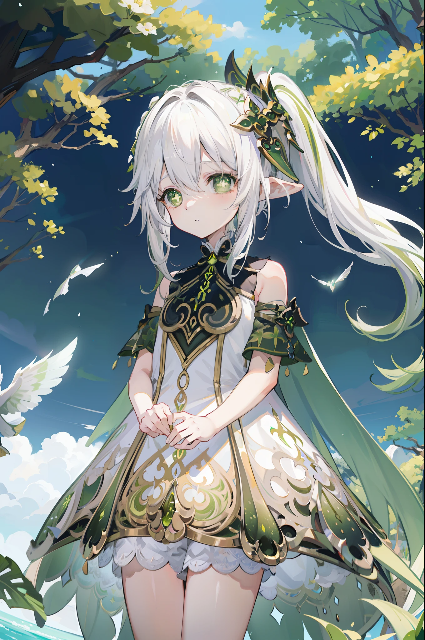 Nahida_Genshin,(White hair),cross-shaped pupils,default_dress,Green cape,simplebackground，themoon，The breath of life，green color，grassy fields，The breath of life，Gentle and powerful divinity，A sense of majesty，Grass God，weeping，Hold yourself