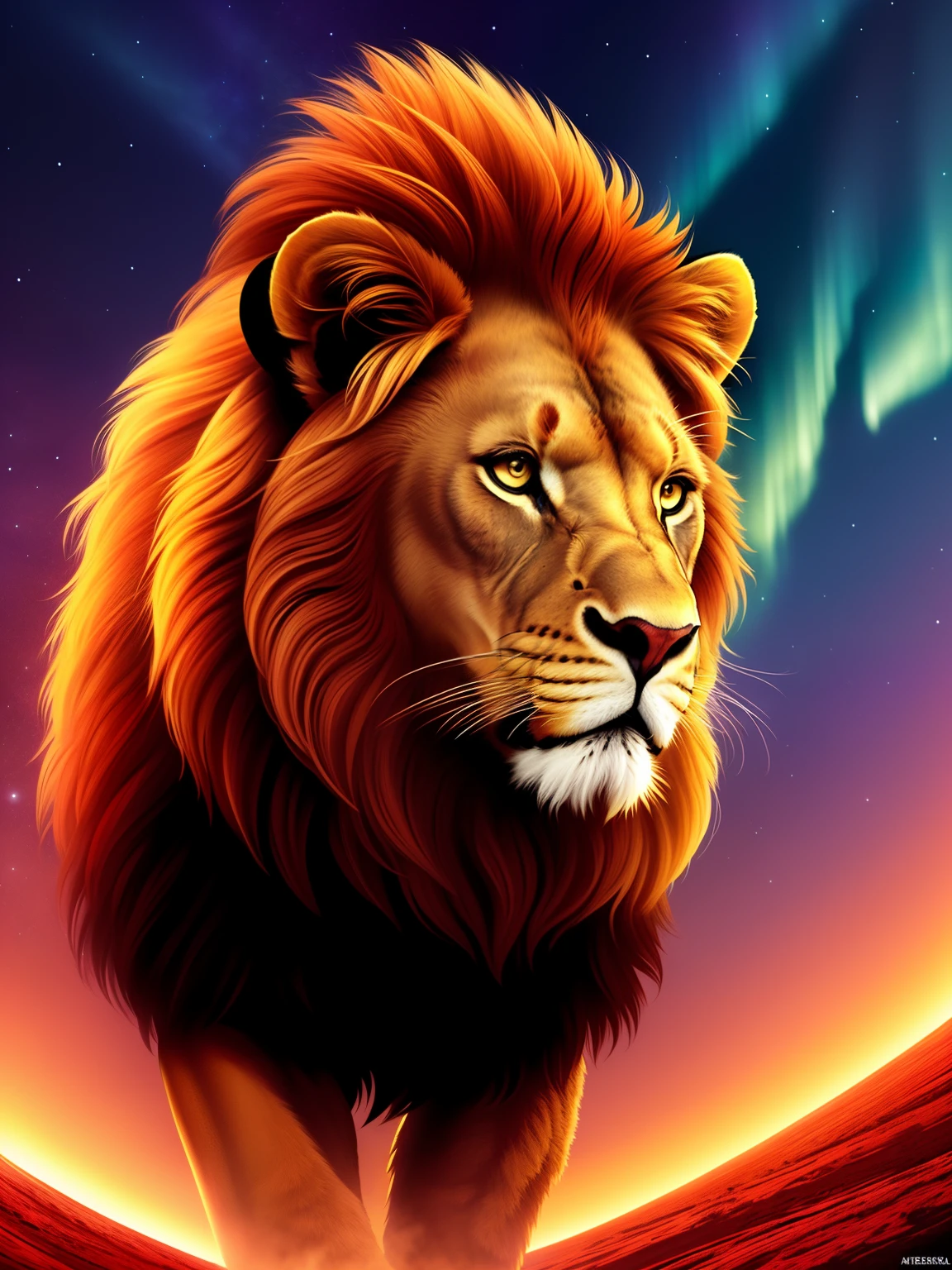 Imposing lion, cetro dourado, capa vermelha, cosmic gladiator, fundo aurora boreal universo