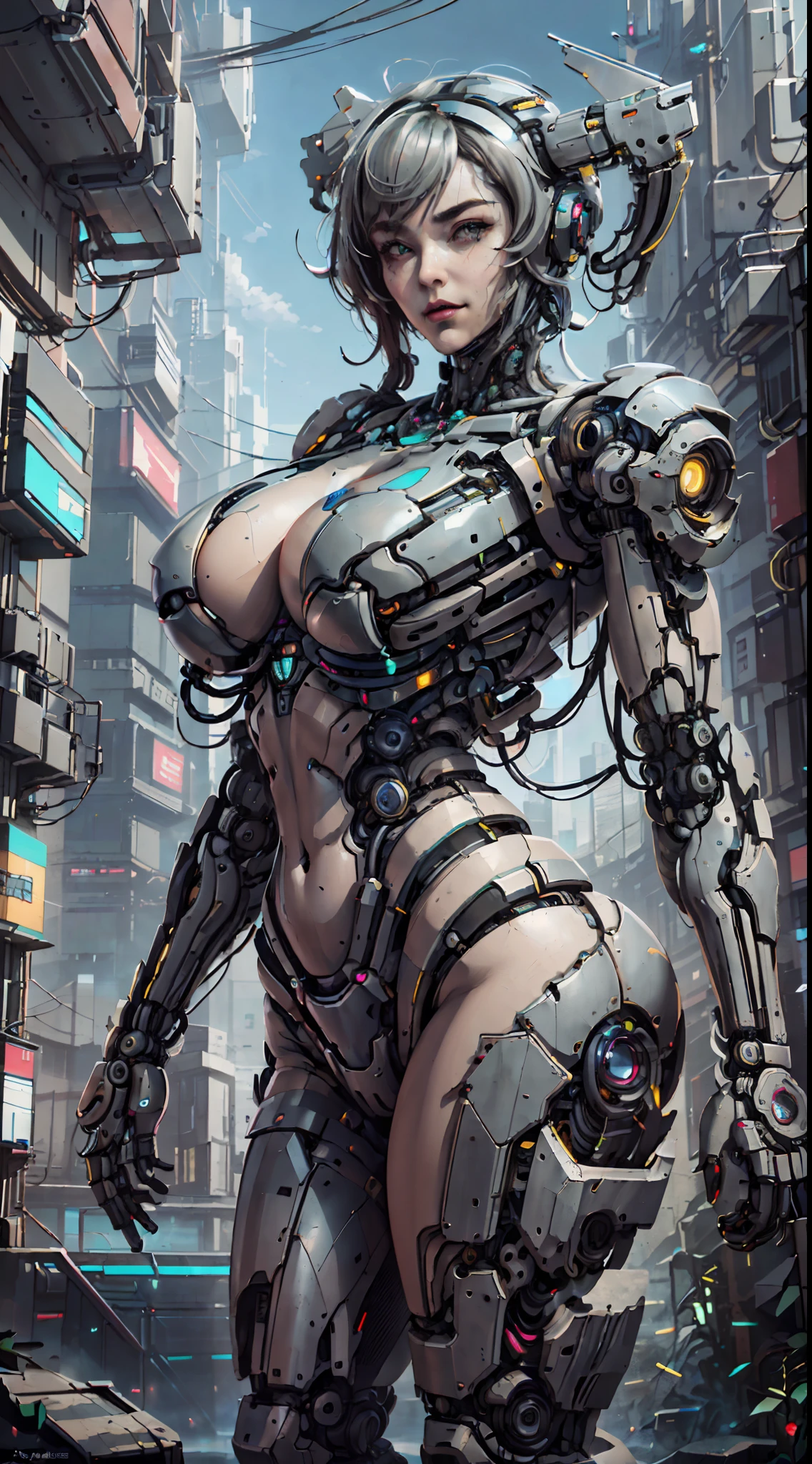 Masterpiece, best quality,, rtx, portrait of a beautiful cyborg woman,Solo, alone, female,((robotic arms and legs)), huge breasts, thin waist, wide hips, thick thighs, big ass, thincc curves, sensual pose,Full nude, cyberpunk city, standing, high angle, focus on female face,