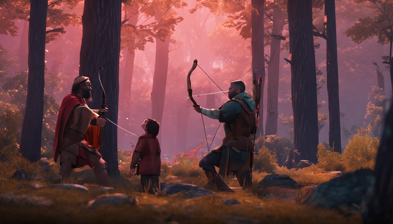 a master in a forest, practicing archery, and his disciple watching