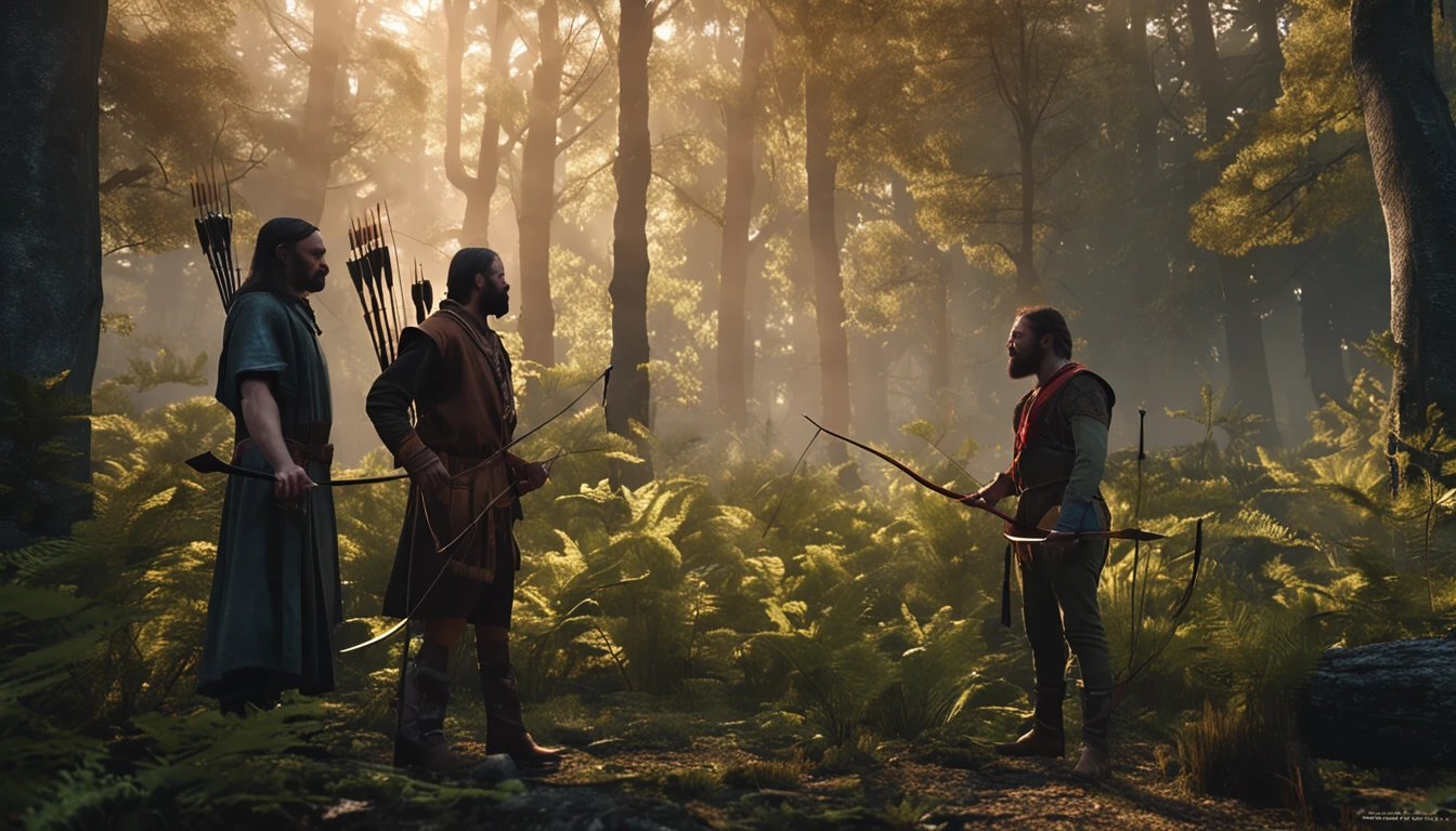 a master in a forest, practicing archery, and his disciple watching