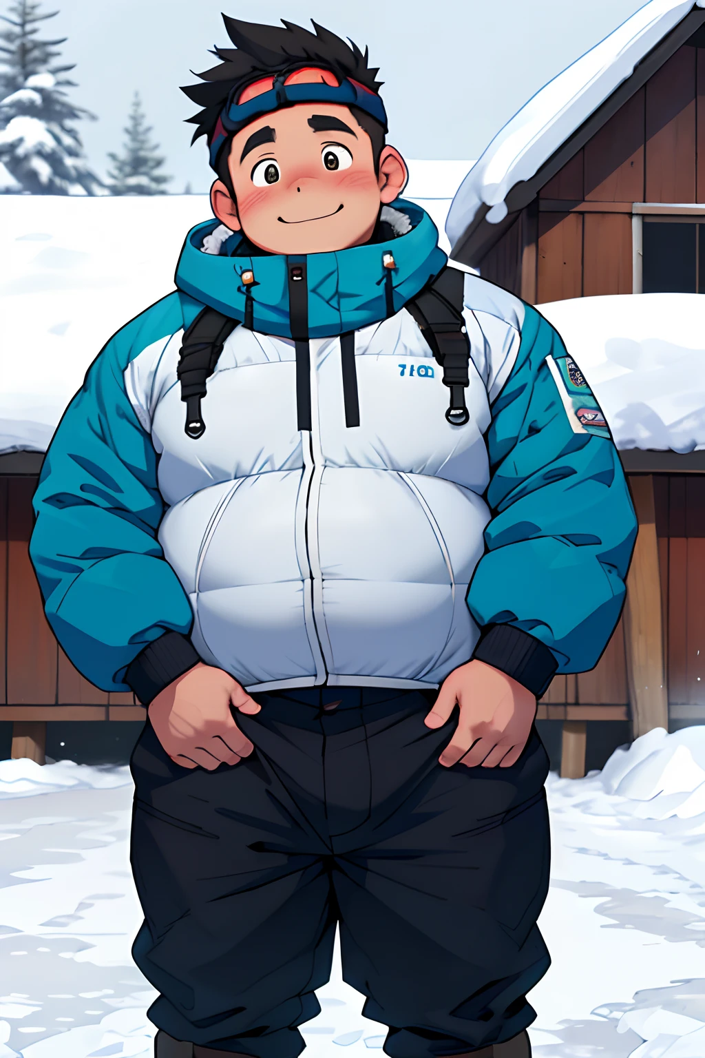 Draw a chubby cute boy,Stand in front of a hut in the snow。Goggles are worn on the forehead,crotch bulge,Chubby 18 year old boy,The crotch protrudes,pupils,prominent pubis,Shy,The crotch protrudes,prominent pubis,The crotch is raised,Tong