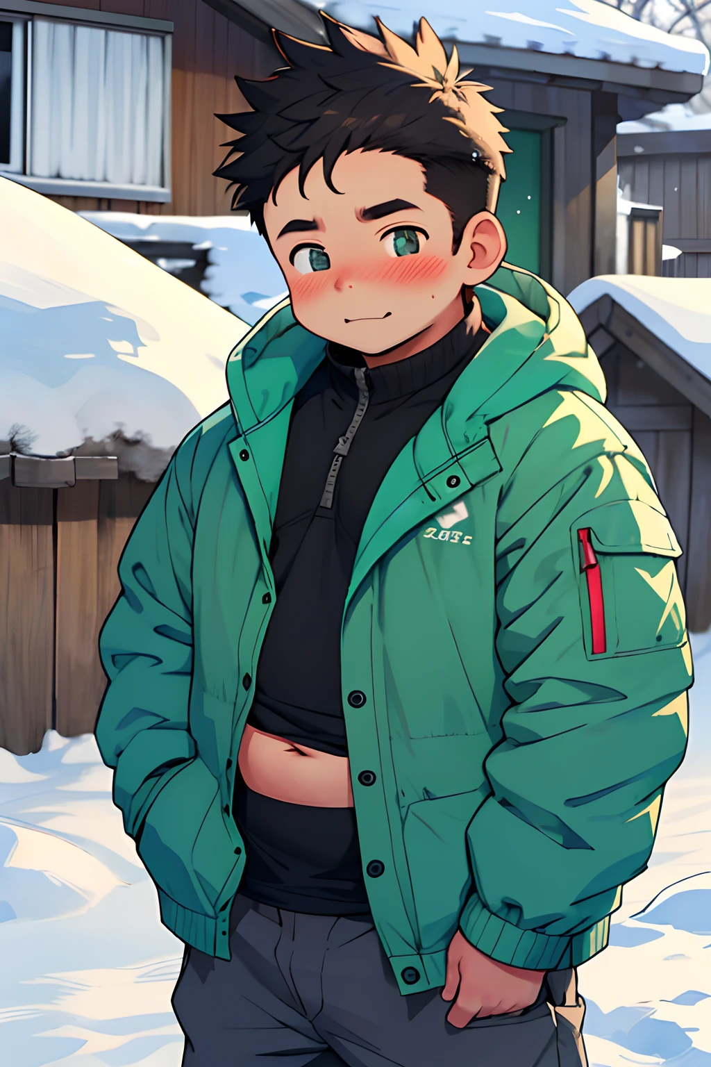 Draw a chubby cute boy,Stand in front of a hut in the snow。Goggles are worn on the forehead,blushed cheeks,,Wear thick adventure clothing,The clothes are open to reveal the belly,Chubby 18 year old boy,The crotch protrudes,self-shot,Face Real,face zoom,pupils,prominent pubis,Shy