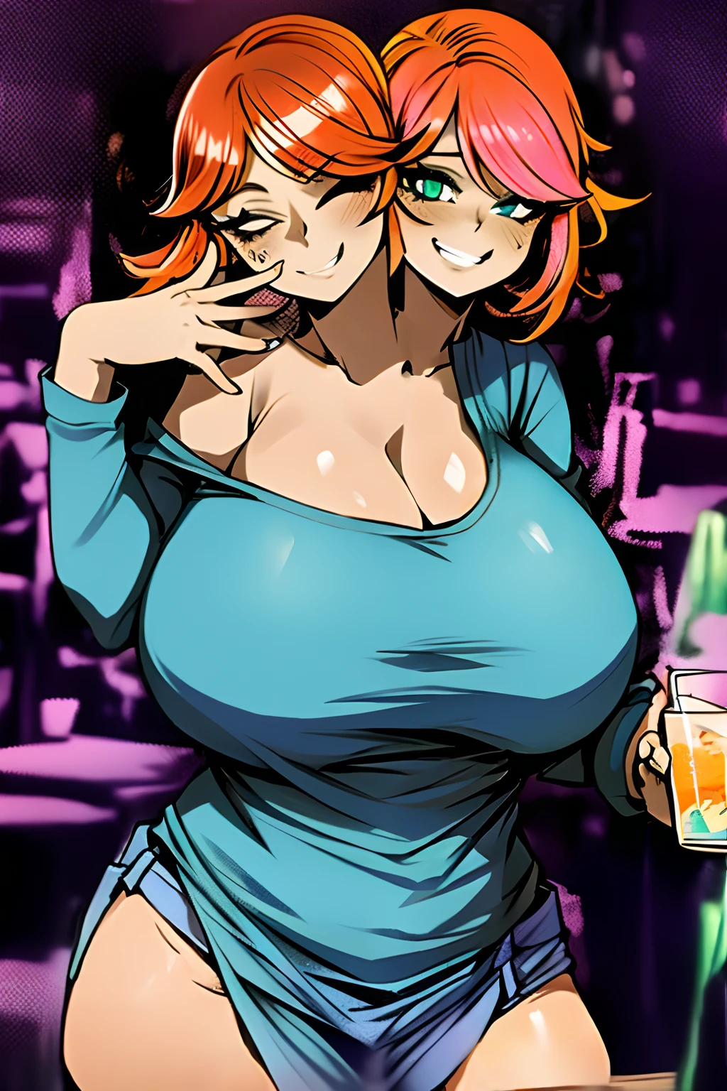 2heads, a short fat girl with 2 heads, 2 arms, 2 legs. She is in a bar. She looks visibly drunk. She is wearing a puffy low-cut colorful sweater with jeans. She has enormous breasts. One head is taking a sip of a drink. The other arm is pulling the neck of her shirt downward to expose cleavage. She is flirtatious, and has massive breasts. She is smiling. She is winking. Her breasts are gigantic and huge. She is extremely short. She is extremely fat. Massive breasts. Young and playful.
