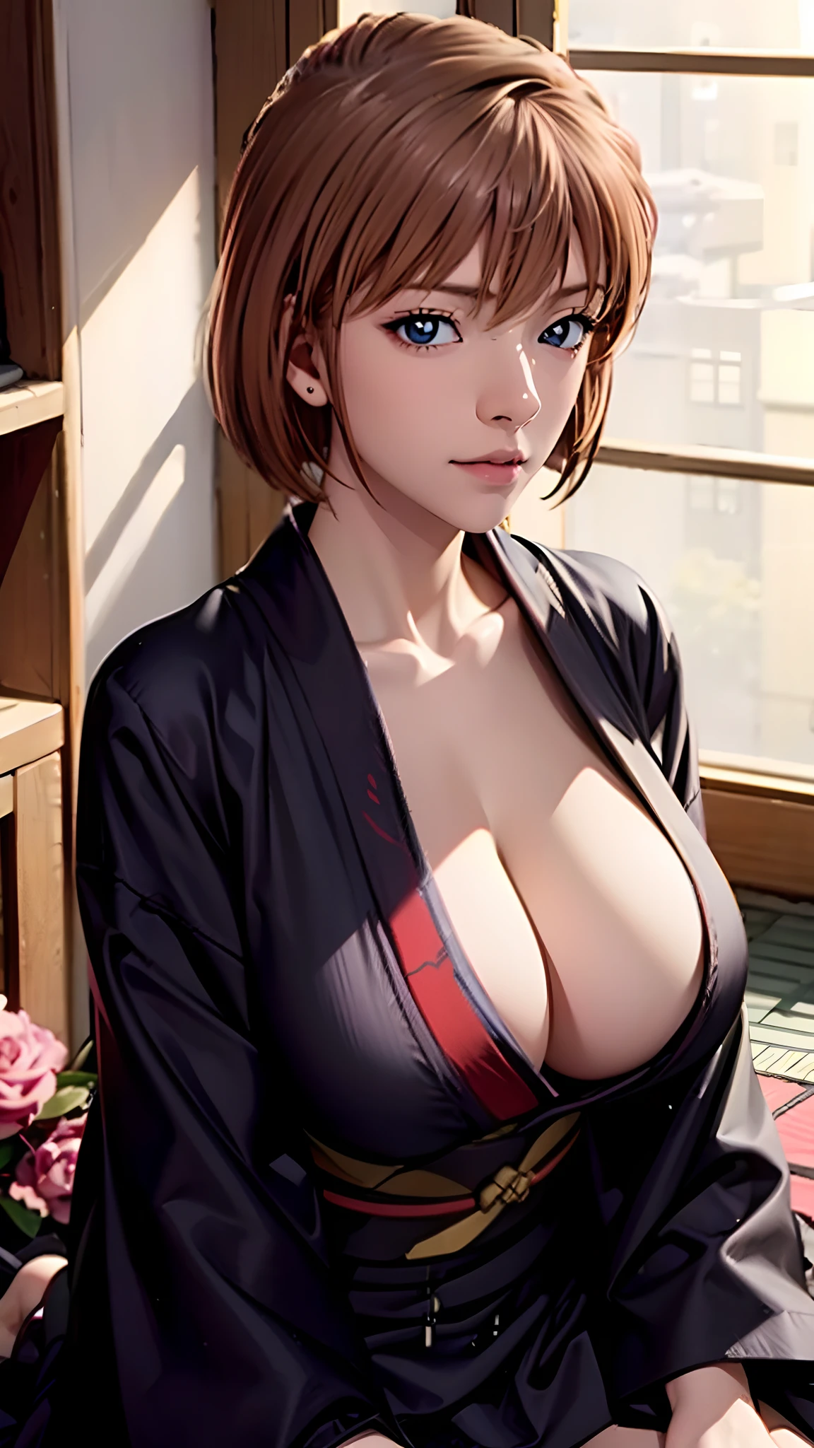(((white skinned,Shiho Miyano,1girll, Solo, Blonde hair, wariza, Short hair, Brown hair,Exquisite facial features,There is light in the eyes,Be red in the face,is shy)))