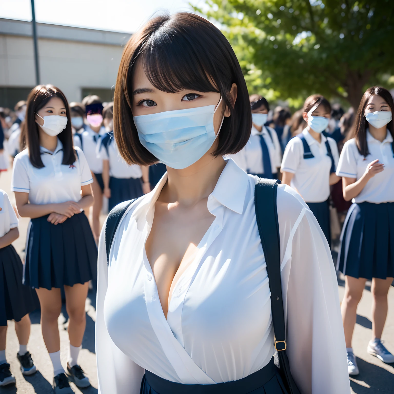 top-quality、超A high resolution、(Photorealsitic:1.4)、(3 girls、13 year old)、(faded gray hair:1)、(huge-breasted、Colossal tits)、(Colossal tits、爆乳、The areol )、(looking at viewert、a closeup、dress room、masks)