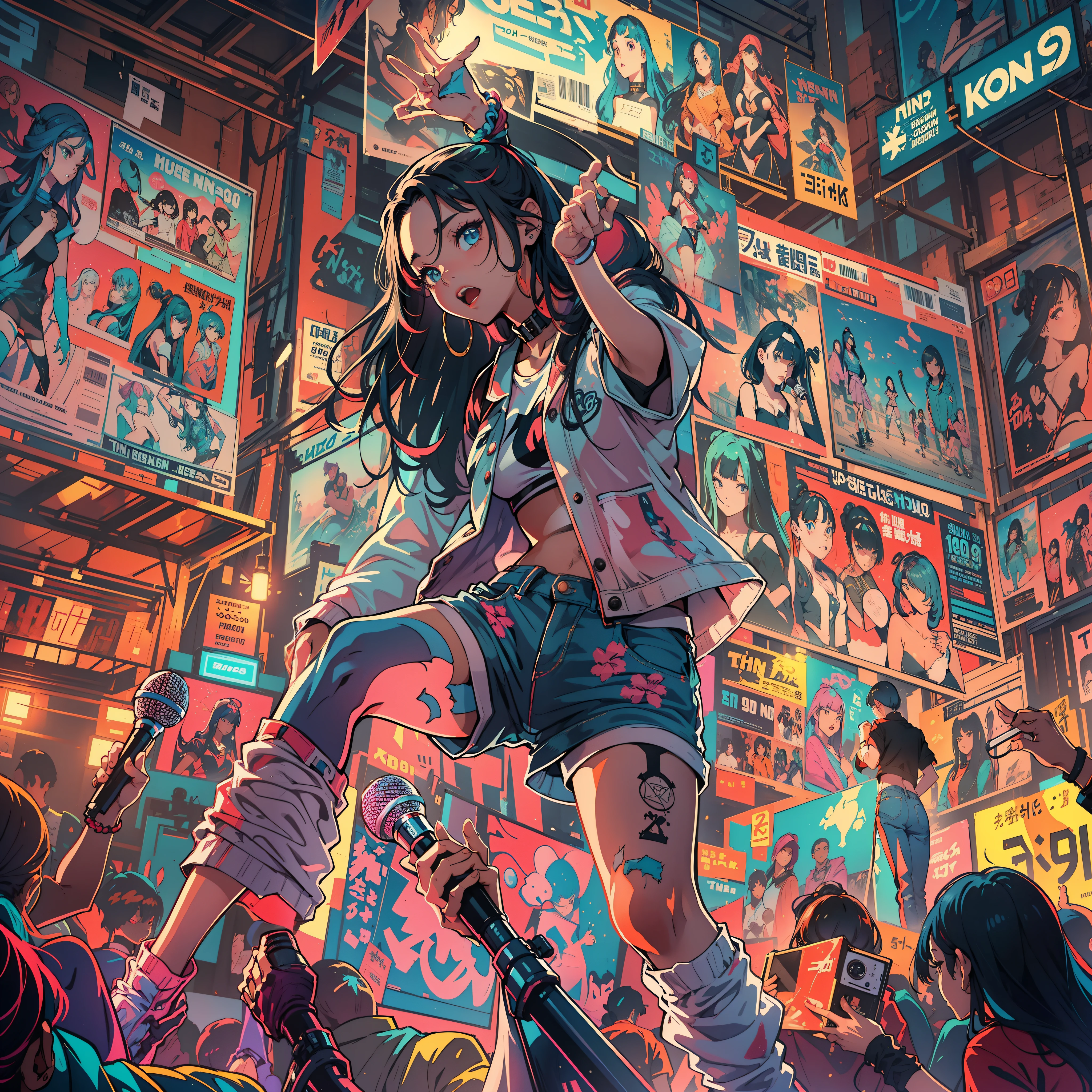One Girl On Stage、((holding the mic))、(Super Detail)、(8K)、((Hip Hop Fashion))、(full body Esbian)、(Fashion of the 90s)、(Brilliant limbs)、(Delicately drawn figures)、(colorful lighting)、(Women's Fashion)、(Colorful and pop design)、(Around the back alley)、(Iconic art and posters of the 90s)、Female facial expressions、(the pose)、(Spirit of the times)