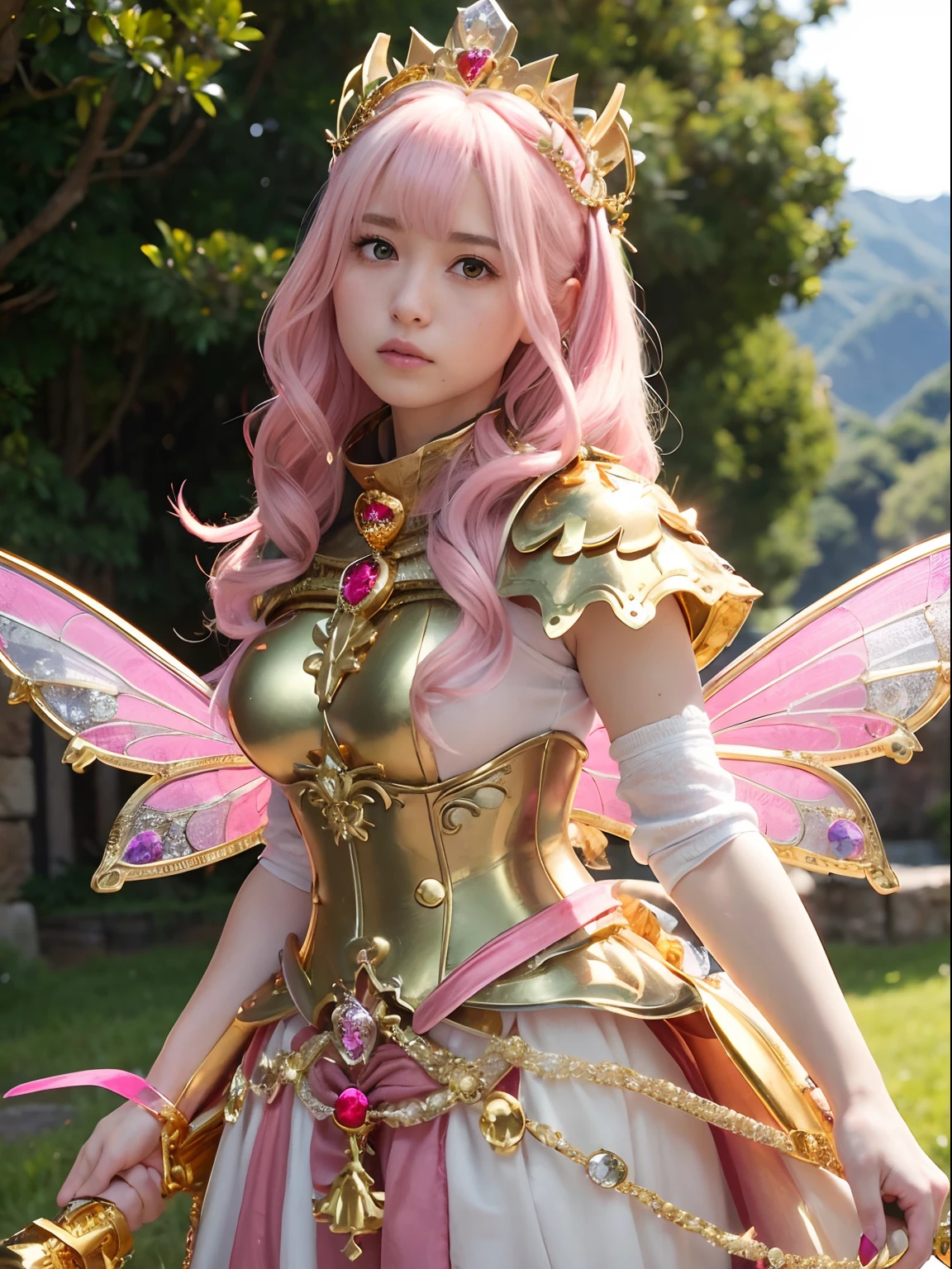 (masutepiece), Professional , masterpiece、top-quality、photos realistic , depth of fields (Gemstone Silver Metal Body:1.9),(Matte Pink、Jewel Gold Weapon、(Gorgeous castle background)、(ultimate beauty girl)、(Fairy wings grow on her back)、(Jewel Metal Body:1.9),Gorgeous Jewel Metal Weapons , Detailed Sword of the Brave ,( a blond) ,warhammer 40k , adepta sororitas,Detail and ornate jewel crown、独奏、Brown hair、(Gangle's forest background)、Beautiful Caucasian beauty、1a person、dynamic ungle,(((Diamond tiara with detail and luxury)))、a small face、Powerful poses、(Gorgeous castle background)、huge filesize、20 year old beautiful woman、Stand in the center of the screen、Thin female fingers、Straight long hair、Beautiful Caucasian beauty、Valley、Hair fluttering in the wind、
