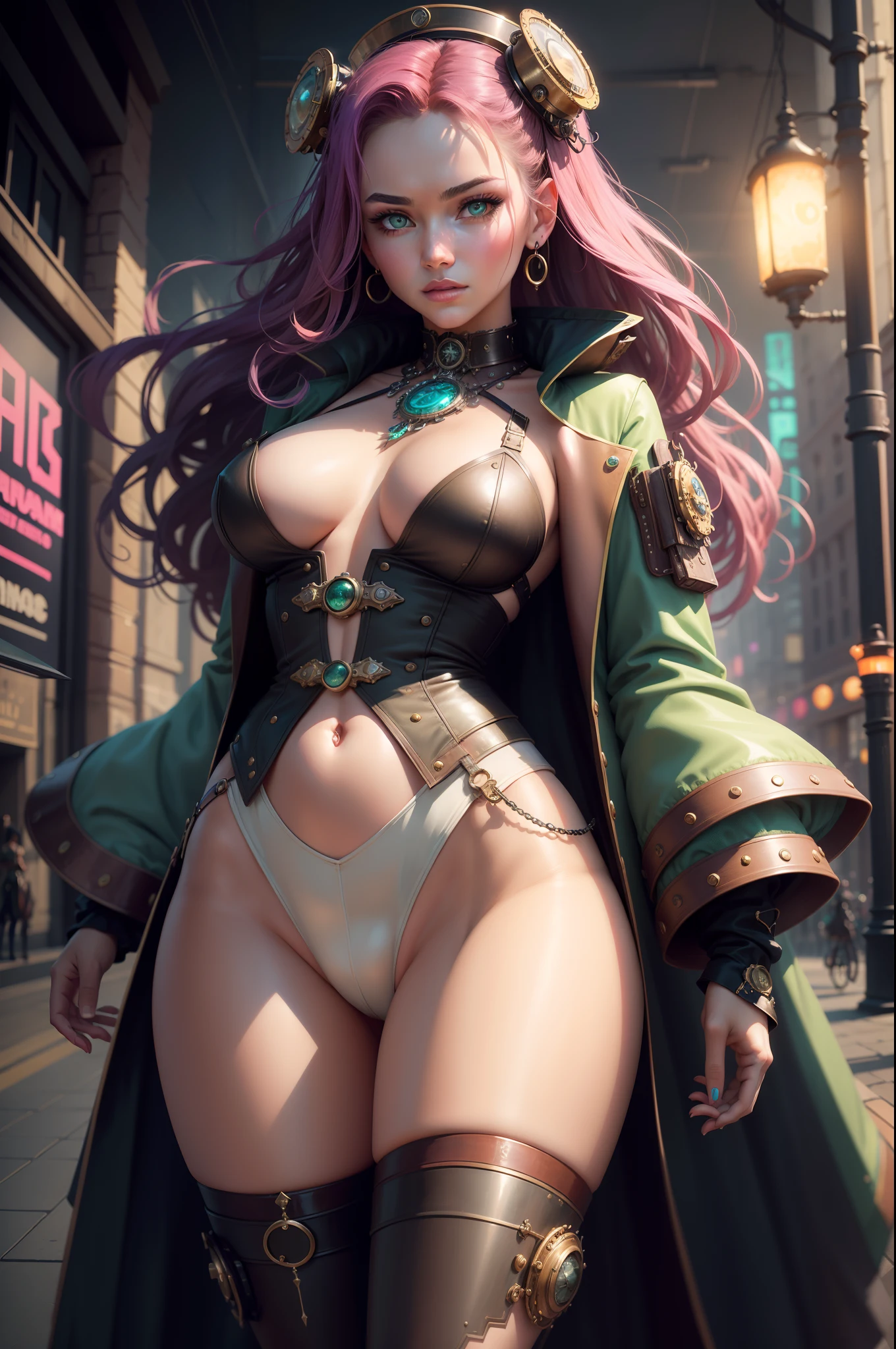 Create a mesmerising portrait in a Steampunk, retro-futuristic style, featuring a young woman. Her hyperrealistic features exude an ethereal allure, drawing viewers into a dreamlike narrative. Let imagination soar, guiding into a realm of enchantment. Infuse [Celestial Coral, Serene Seascape, Urban Graffiti Green, Neon Magenta] hues to evoke a sense of wonder and mystery