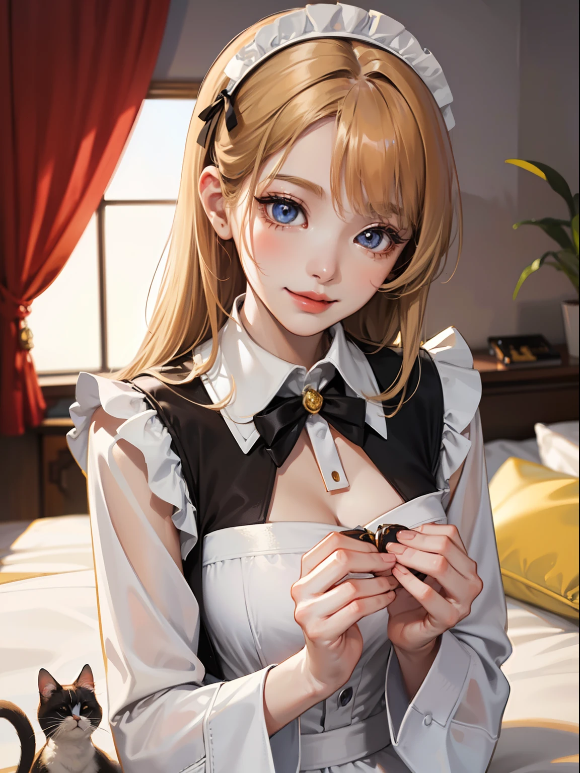masutepiece, High resolution, 8K, anime woman, Delicate and detailed writing 、Detailed digital illustration、Very long hair and shiny、a very beautiful woman、Eyes are double, Large, Slender eyes、Bust is D cup、High image quality, High quality、Detailed background、I'm wearing a hair ornament.、Glittering background、The inside of the eye shines like a diamond、4 fingers, 1 thumb、Detailed female face、Smile、Very beautiful and cute woman、a blond、maid clothes、Cool Woman、Cat's ears、Night background、Sexy Woman、Sleepy face、Invite to bed、A smile