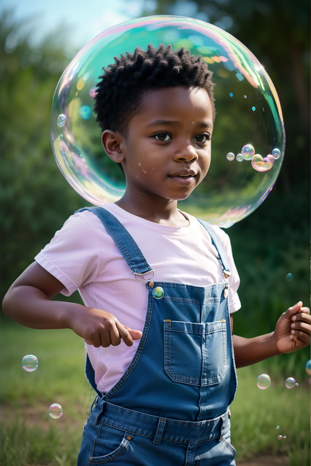 "clean pastel painting of a little African ethnicity boy wearing denim overalls chasing bubbles. Detailed and beautiful face, abundant bubbles, photorealistic depiction, create a bubble kingdom."