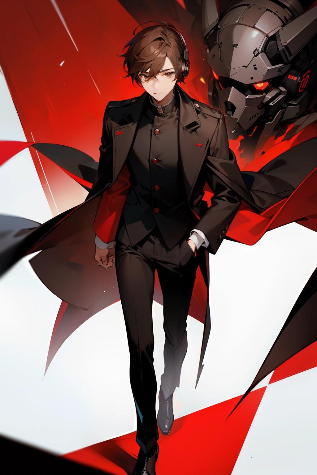 ung man, short brown hair, dark brown eyes, red and black coat, black pants, headphones