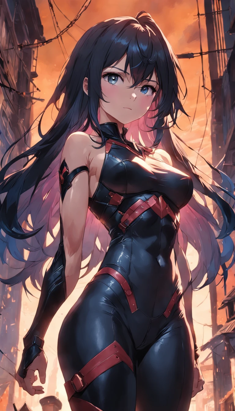 master part, best quality, filme ainda, 1girl, monstergirl, mulher corvo, corpo inteiro, retrato, circunstanciado (olho), Longas (Hair), Corpo Perfeito, corpo proporcional, corvo|Asas de Corvo, olhar profundo, Usando (leather pants:2), Close-up, soft and cool lighting, Sunset, (aura:0.7)