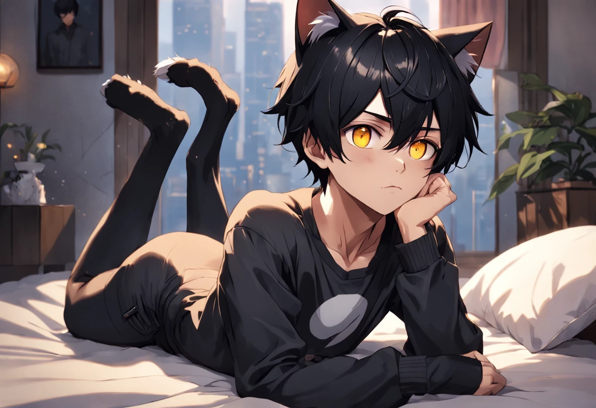 best aesthetic, ultra high res, distinct, ultra detailed, best quality, high quality, ultra quality, 16k, high details, high resolution, detailed, masterpiece, beautiful, detailed skin, full body, sexy, (1boy), black hair, short hair, yellow eyes, cat ears, (tan), (dark skin), shota, belly-buttoned suit, (abs), (beautiful dark skin boy with black hair and cat ears)