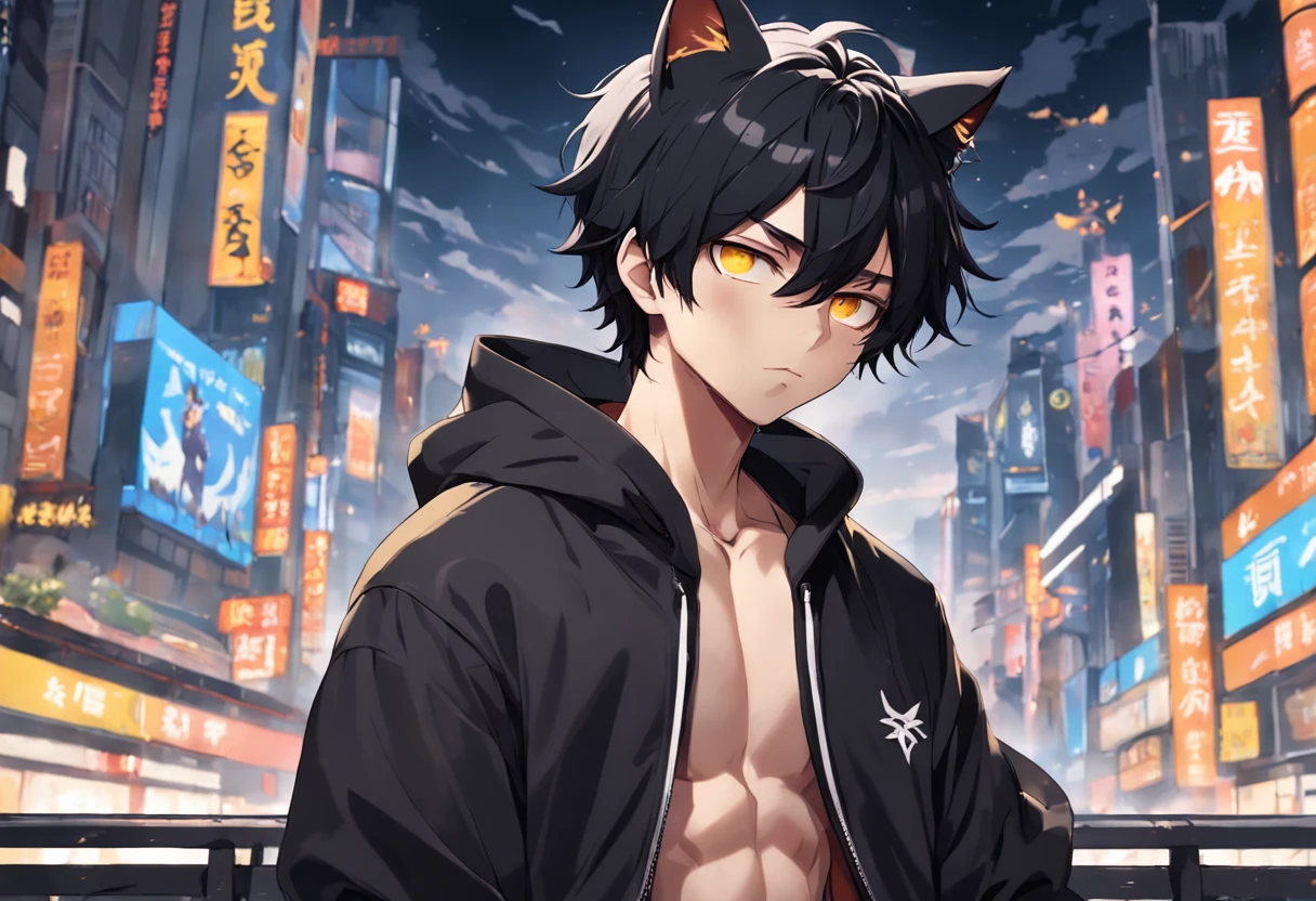 best aesthetic, ultra high res, distinct, ultra detailed, best quality, high quality, ultra quality, 16k, high details, high resolution, detailed, masterpiece, beautiful, detailed skin, full body, sexy, (1boy), black hair, short hair, yellow eyes, cat ears, (tan), (dark skin), shota, belly-buttoned suit, (abs), (beautiful dark skin boy with black hair and cat ears)