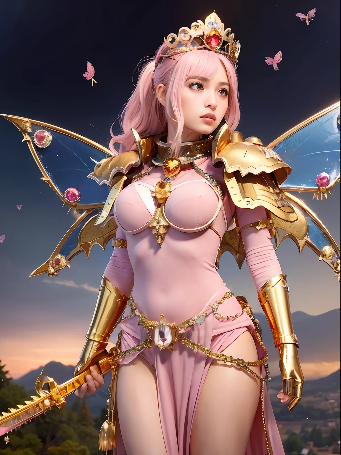 (masutepiece), Professional , masterpiece、top-quality、photos realistic , depth of fields (Gemstone Silver Metal Body:1.9),(Matte Pink、Jewel Gold Weapon、(Gorgeous castle background)、(ultimate beauty girl)、(Fairy wings grow on her back)、(Jewel Metal Body:1.9),Gorgeous Jewel Metal Weapons , Detailed Sword of the Brave ,( a blond) ,warhammer 40k , adepta sororitas,Detail and ornate jewel crown、独奏、Brown hair、(Gangle's forest background)、Beautiful Caucasian beauty、1a person、dynamic ungle,(((Diamond tiara with detail and luxury)))、a small face、Powerful poses、(Gorgeous castle background)、huge filesize、20 year old beautiful woman、Stand in the center of the screen、Thin female fingers、Straight long hair、Beautiful Caucasian beauty、Valley、Hair fluttering in the wind、