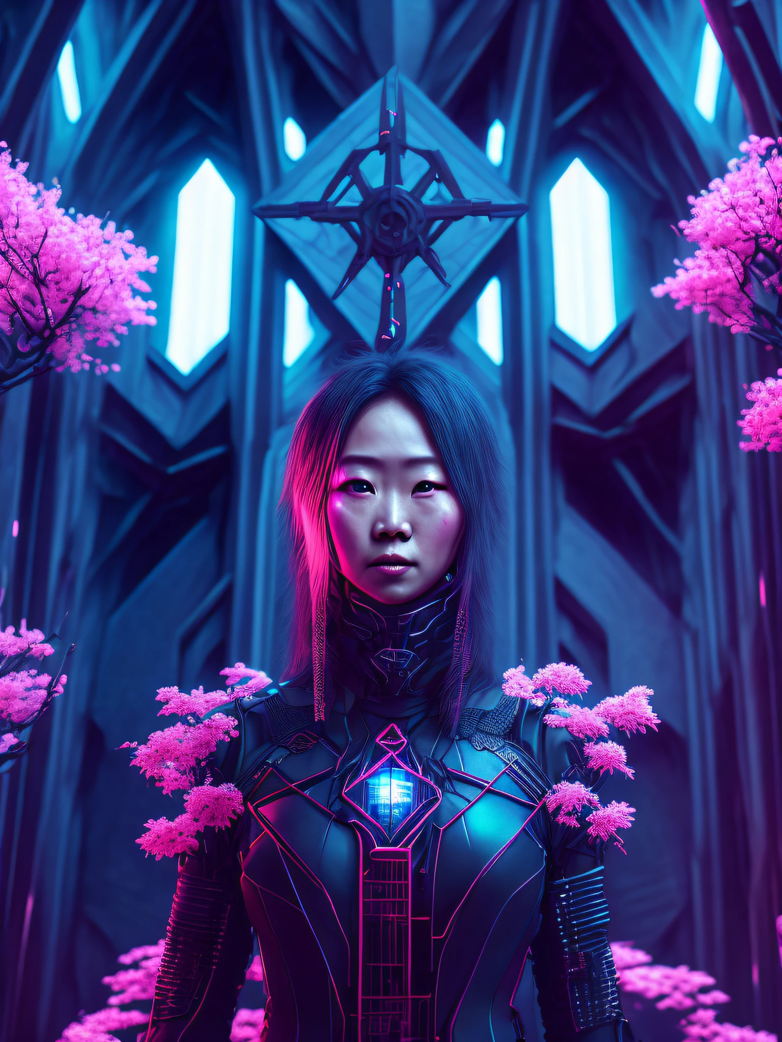 Grim portrait of sakura haruno with intricate angular cybernetic implants inside a brutalist building, Gothic brutalist cathedral, Cyberpunk, Foto premiada, Bokeh, neon lights, cybernetic limb