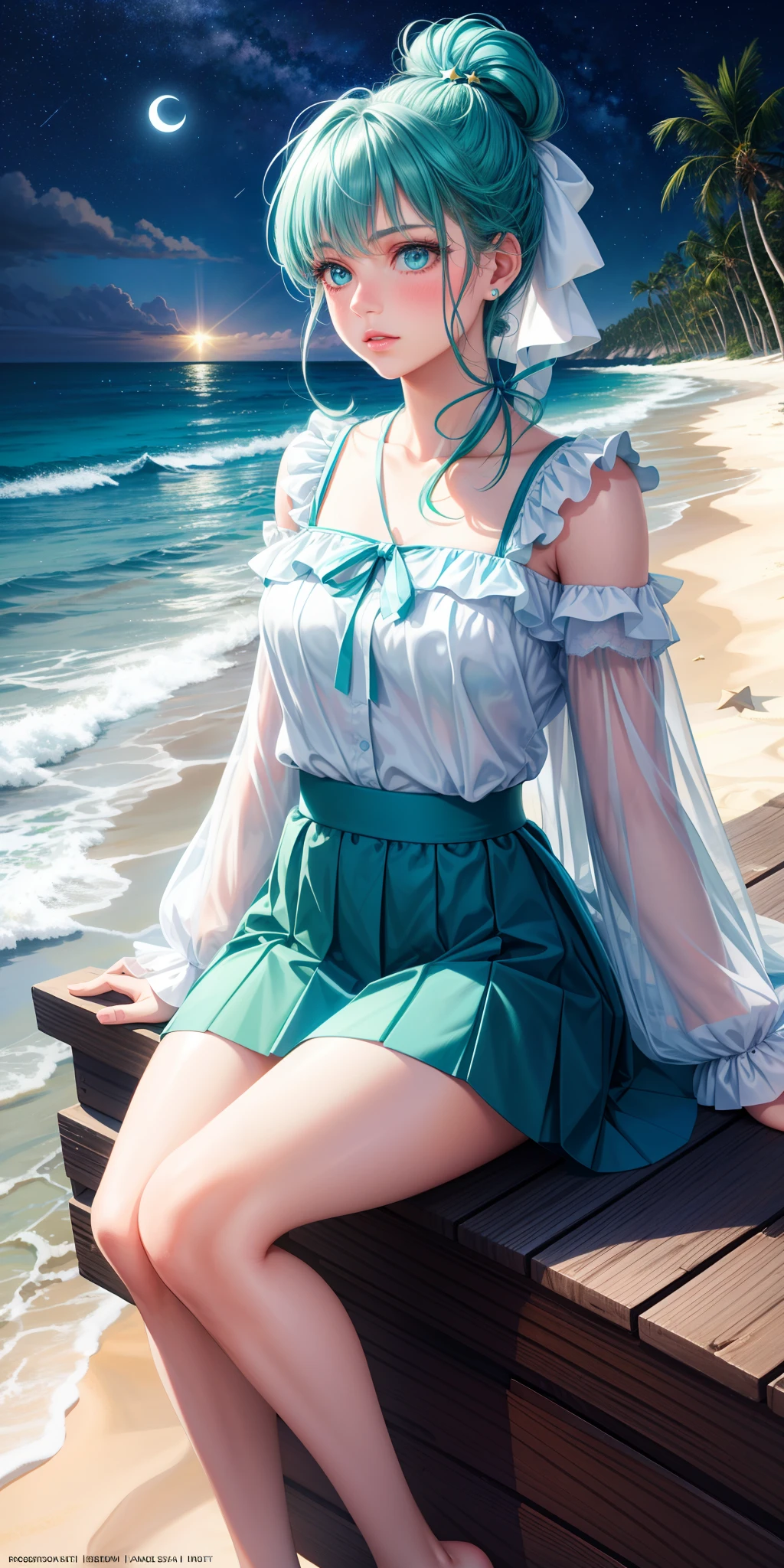 realistic, 1girl 20 years old, sensual body, hair tied with a ribbon bow turquoise green hair, blue eyes, bright eyes, stylish neckline blouse, short skirt, soft makeup, shy, blush, night, stars, moon, moonlight, seaside , sitting, in the sand, looking away, distracted