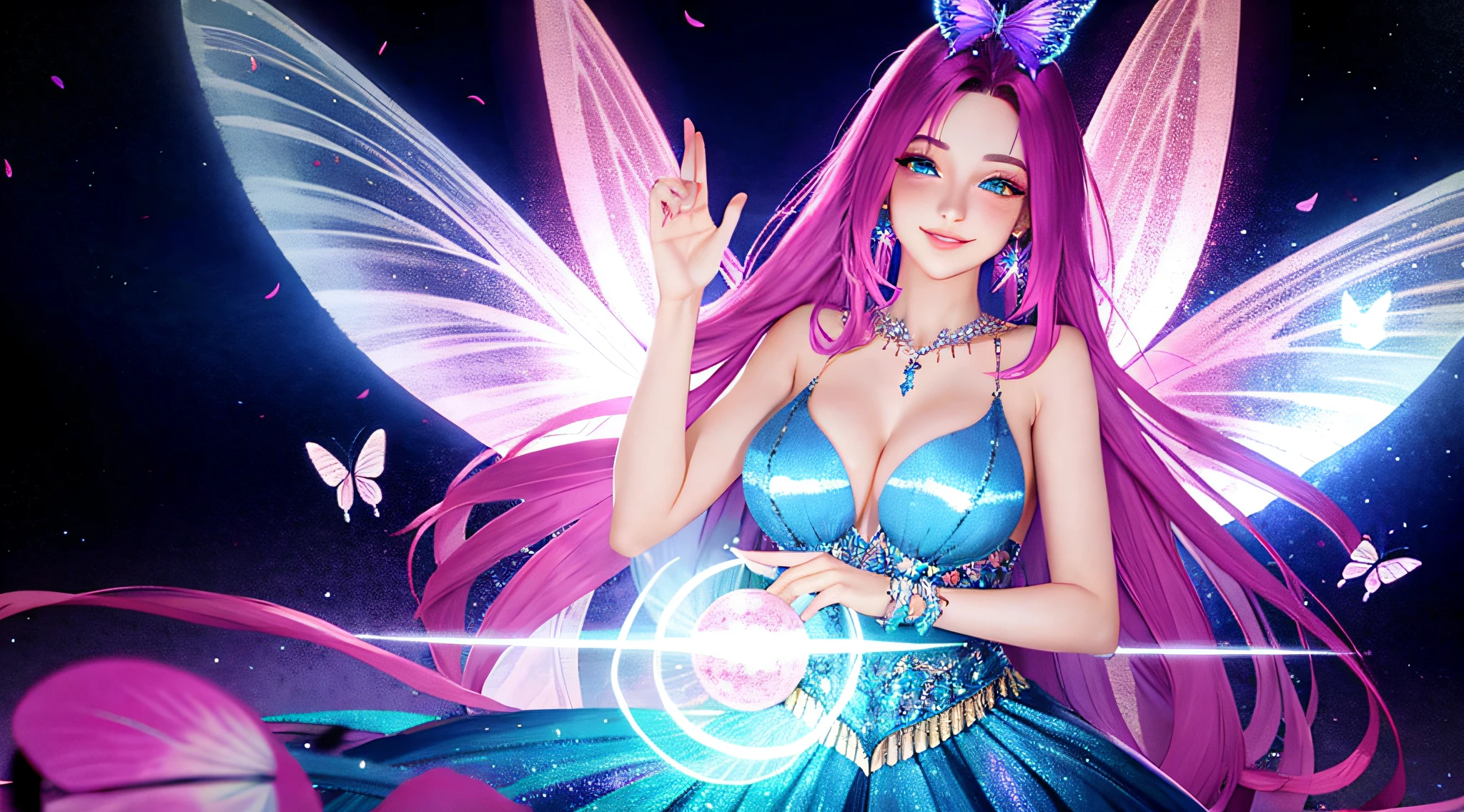 Beautiful girl smiling in a dress in a magical and unknown enchanting world with fairies and butterflies facing a magical portal, Estilo cyberpunk, Estilo Disney, alta qualidade, 4k