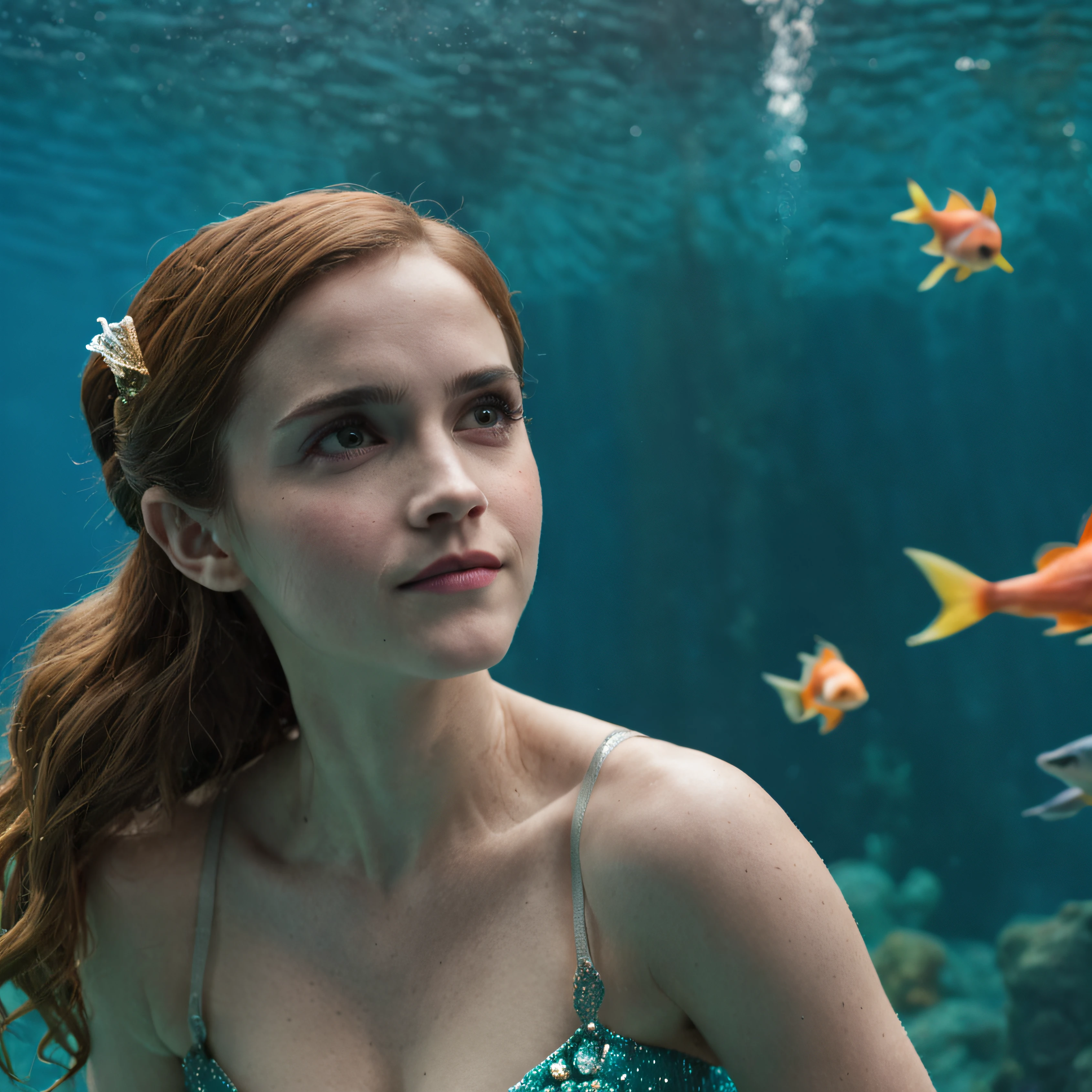 Sirena sentada en una roca en un gran acuario con peces, Emma Watson como Sirena Marina, Emma Watson como una sirena, Ariana Grande como una sirena, Ariel La Sirenita, Sirenita, La Sirenita, Kristen Bell como una sirena, hermosa sirena, Magic Kingdom of the Little Mermaid, sirena, Una sirena en el mar, Disney fotorrealista, Princesa Ariel, animated movie