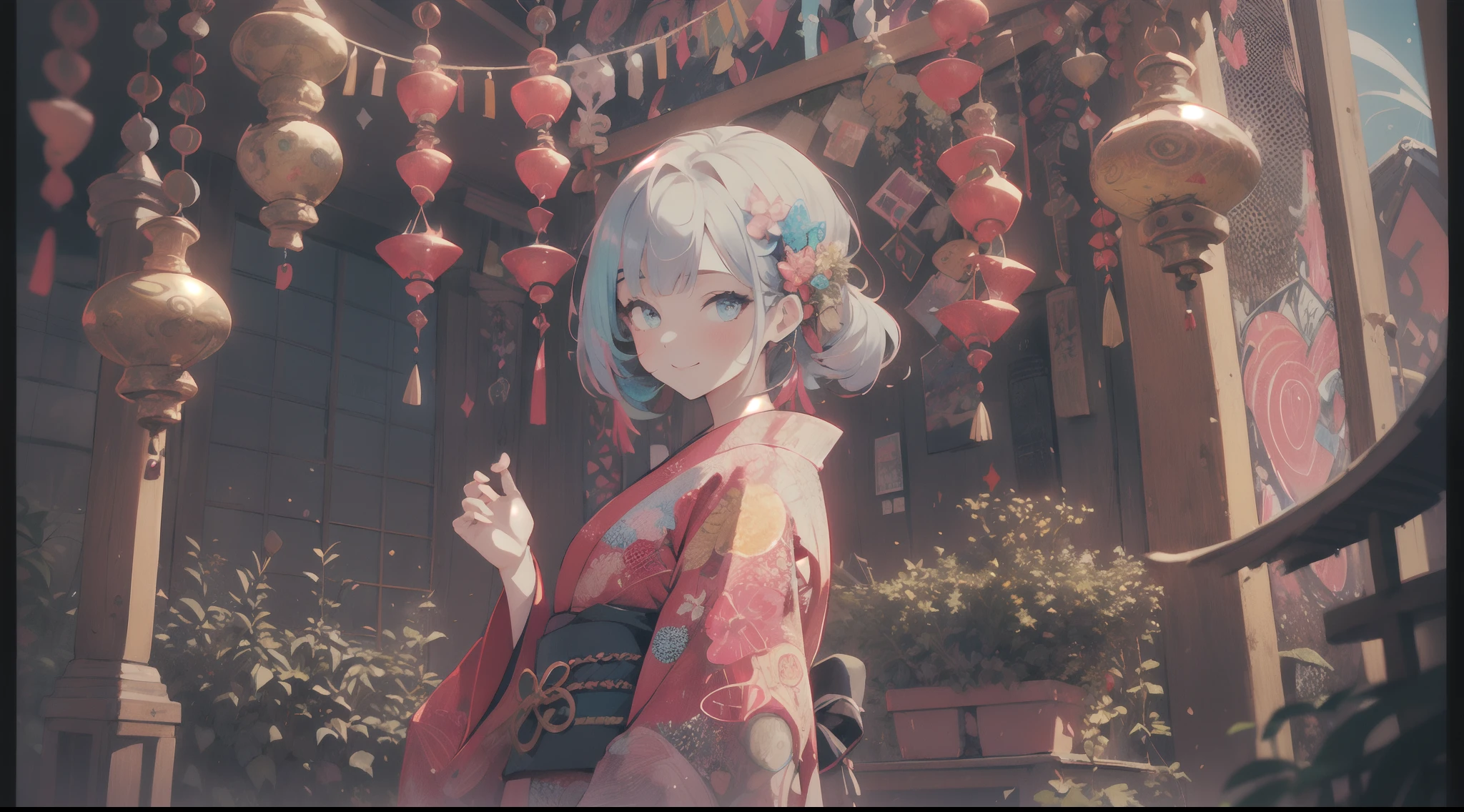 ((Yukata)),(wind chime:1.5)eye glass,innocent smiles,ancient city,veranda,(1girl in, Solo:1.6),(Best Impact:1.5), (maximalism:1.7),Vivid contrast, (Realistic), hyperrealistic illustrations, hight resolution, ultra-detailliert, absurderes,(Fractal Art:1.3)、Random hairstyle、Random hair color colorful、Iridescent eyes、FULL BODYSHOT、Retro、Precise focus、randome pose、cinema4d、Drama