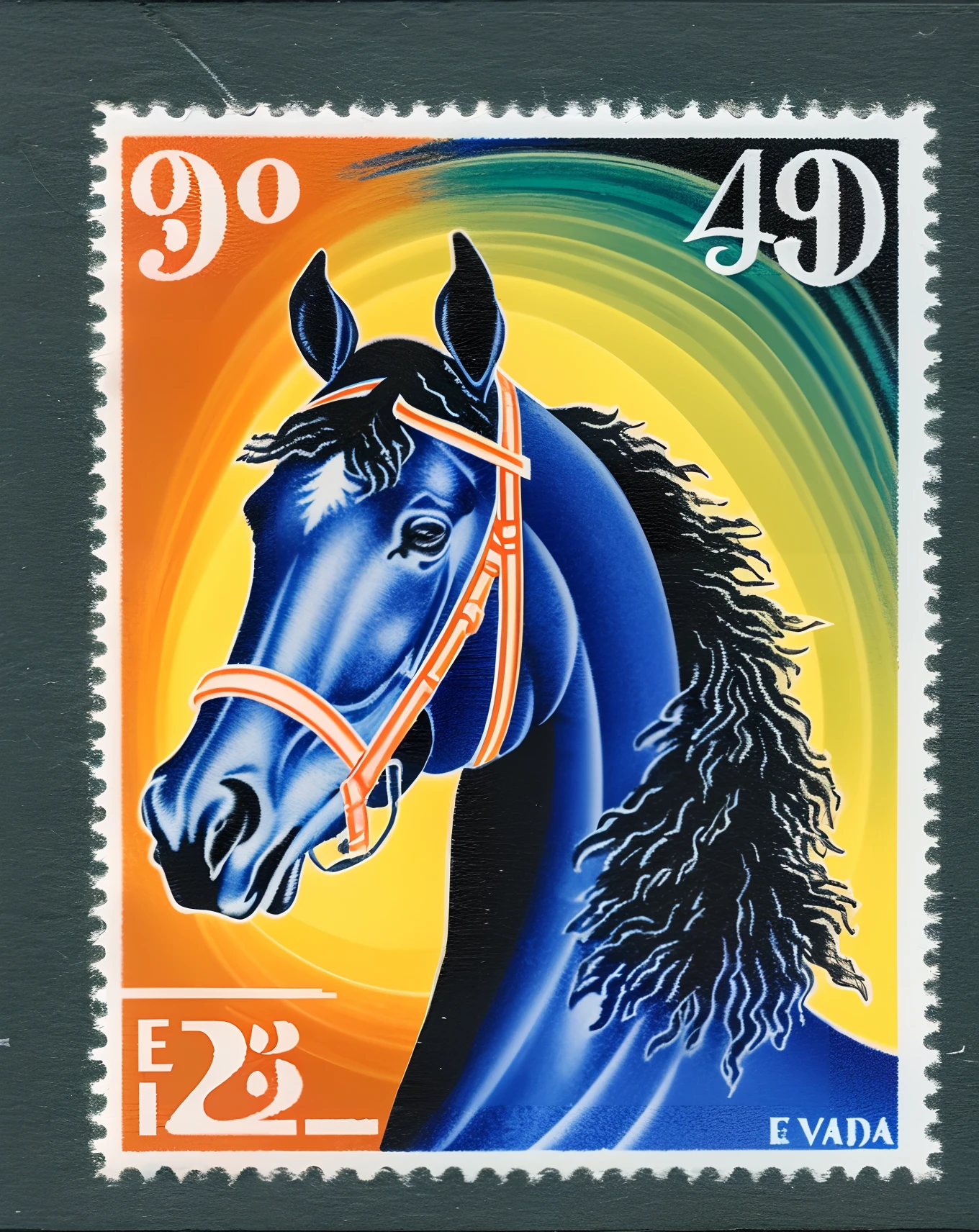 A Vietnamese stamp depicts a horse, Psychedelic surrealist style, Qing dynasty, photo taken with ektachrome, Indigo and green, Japanese folk art, Bamileek Art, Otherworldly creatures
