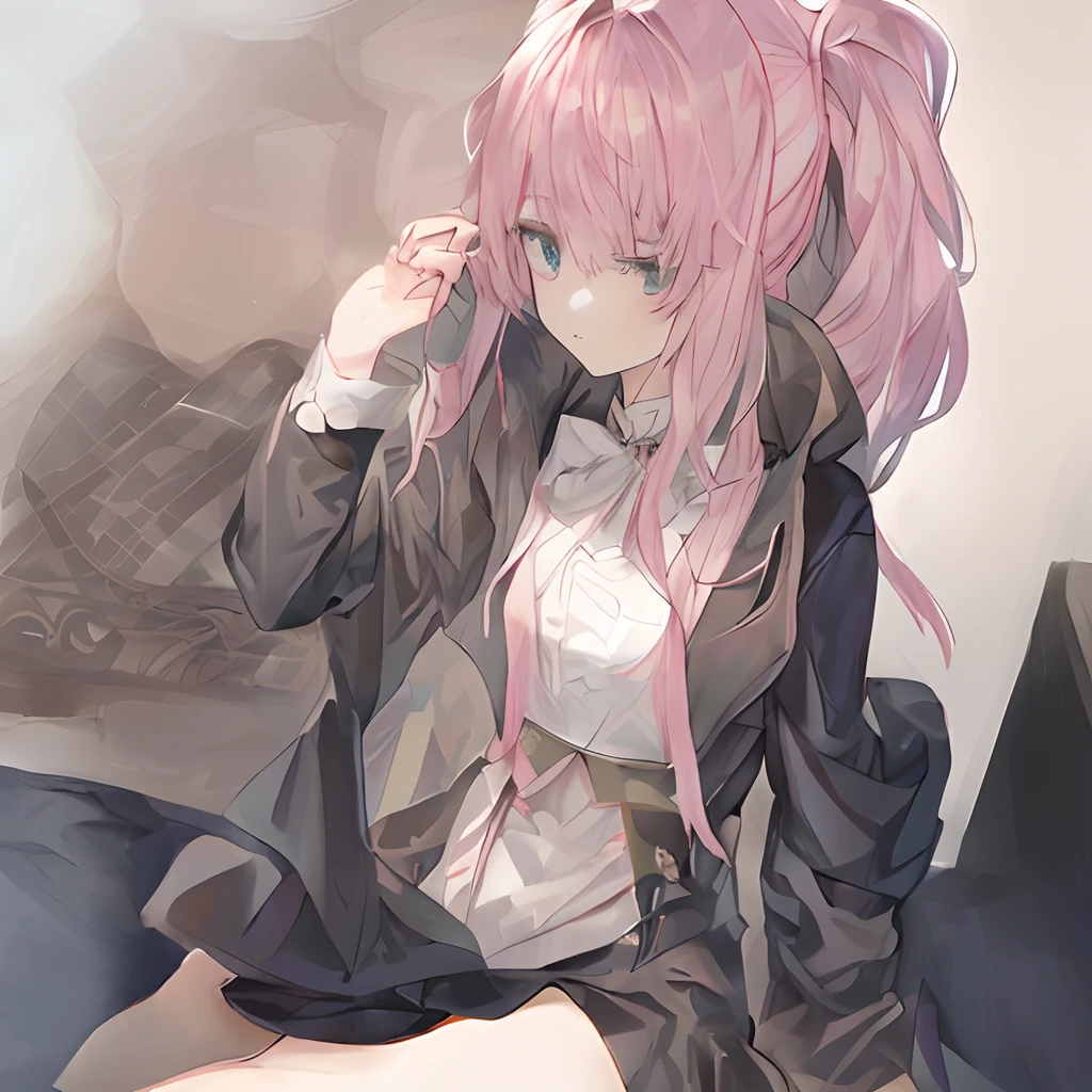 Do not draw the outline in black　Pale watercolor　Fume　Lack of eye power　being thin　slim figure　Tall　Pink longhair　Twin-tailed