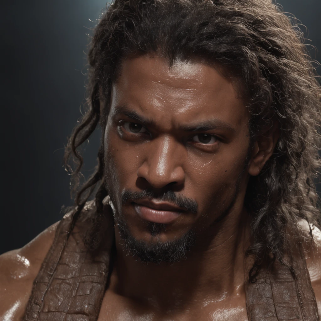 (Professional 3D rendering:1.3) de (Realistic:1.3) Foto de arte mais bonita do mundo,afro americano, ((Epic hero fantasy rough muscular man wet hero angry look long hair short beard and fierce expression in dynamic pose, fantastic location, majestoso ambiente desordenado)), corpo inteiro 8k unidade render, action shot, poros da pele, very dark lighting, sombreamento pesado, circunstanciado, Rosto detalhado, (vibrante, fotogrdeia realista, Realistic, Dramatic, Escuro, foco nítido, 8k), (Old leather clothes damaged by bad weather:1.4), ((((Use peles)))), (intrincado:1.4), decadente, (altamente detalhado:1.4), pintura digital, rendering by octane, art stations, Conceito-Arte, liso, foco nítido, illustration, germe da arte, (Loish:0.23), Wlop Ilya Kuvshinov, e Greg Rutkowski e Alphonse Mucha Gracias, (global ilumination, studiolight, Light Volumetric), chuva forte, floating particles, patife, fantasia, Onze, corpo inteiroesbian, ((Fundo escuro e antigo da cidade:1.3)),CGSesociedade,art stations