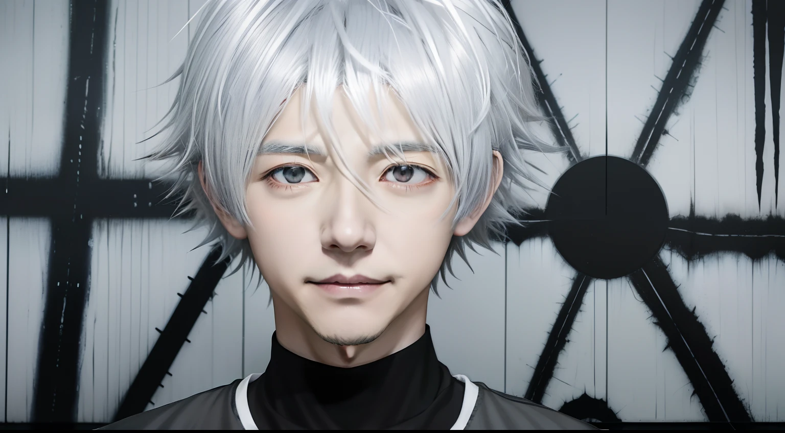 Anime character with white hair and black shirt in front of wall, nagito komaeda, killua zoldyck black hair, kaworu nagisa, Hajime Yatate, Portrait of Killua Zoldyck, a silver haired mad, kaneki ken, Ken Kaneki, official anime still, white hair