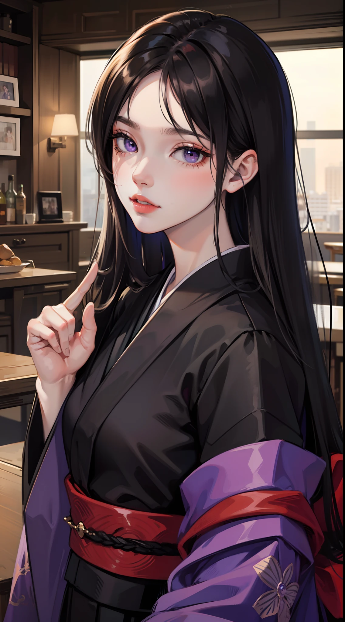 adult man, Long black hair, violet eyes, Thin, black kimono, Masterpiece, hiquality