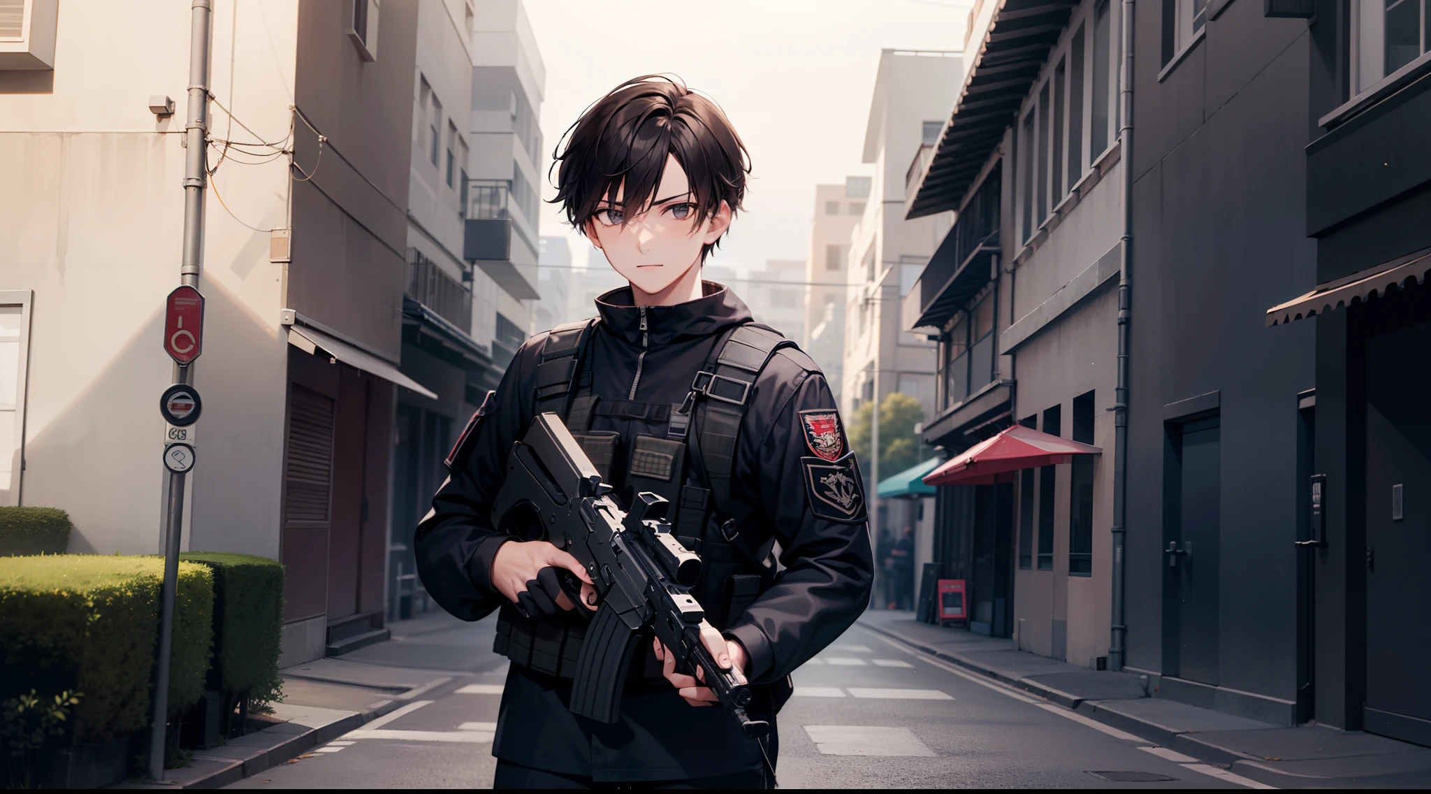 1 boy, attractive boy, handgun, in the dark building, black clothes, special operations, special force, cinematic action, looking at enemy
