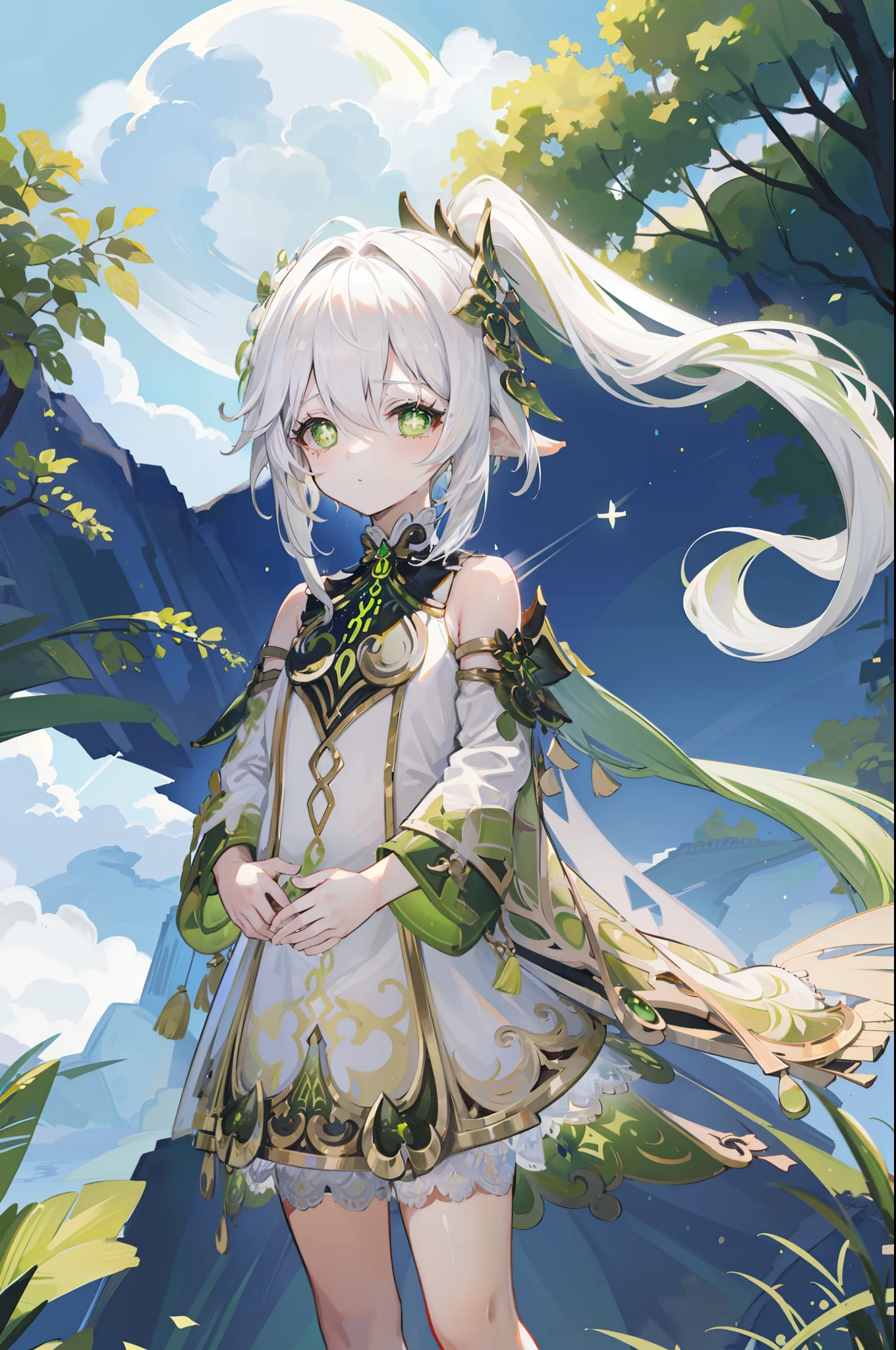 Nahida_Genshin,(White hair),cross-shaped pupils,default_dress,Green cape,simplebackground,themoon,The breath of life,green color,grassy fields,The breath of life,Gentle and powerful divinity,A sense of majesty,Hold a headache and cry