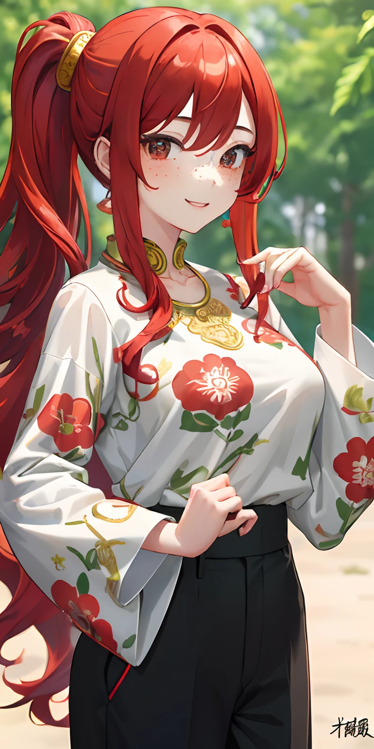 (Masterpiece, Best Quality), 1girl, 鎖骨, Wavy Hair, looking a viewer, blurry foreground, upper-body, necklace, contemporary, plain trousers, ((Intricate, Print, Pattern)), pony tail, freckles, red hair, dappled sunlight, Smile, Happy,