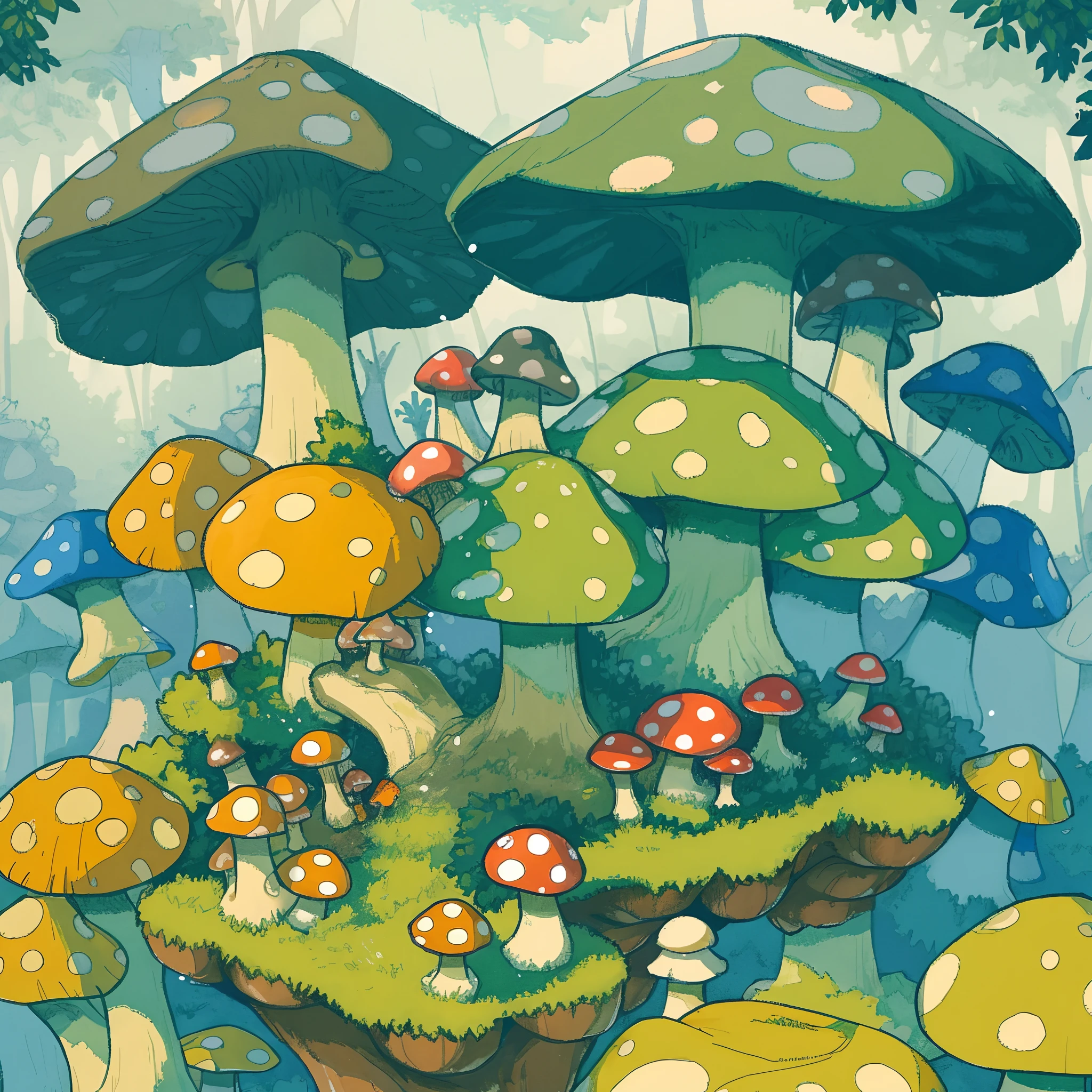 top quality, best quality, High-quality illustrations, masterpiece, Treetops sheltering in the rain under a large mushroom, pixel art, dots, Quarter View, Isometric View,