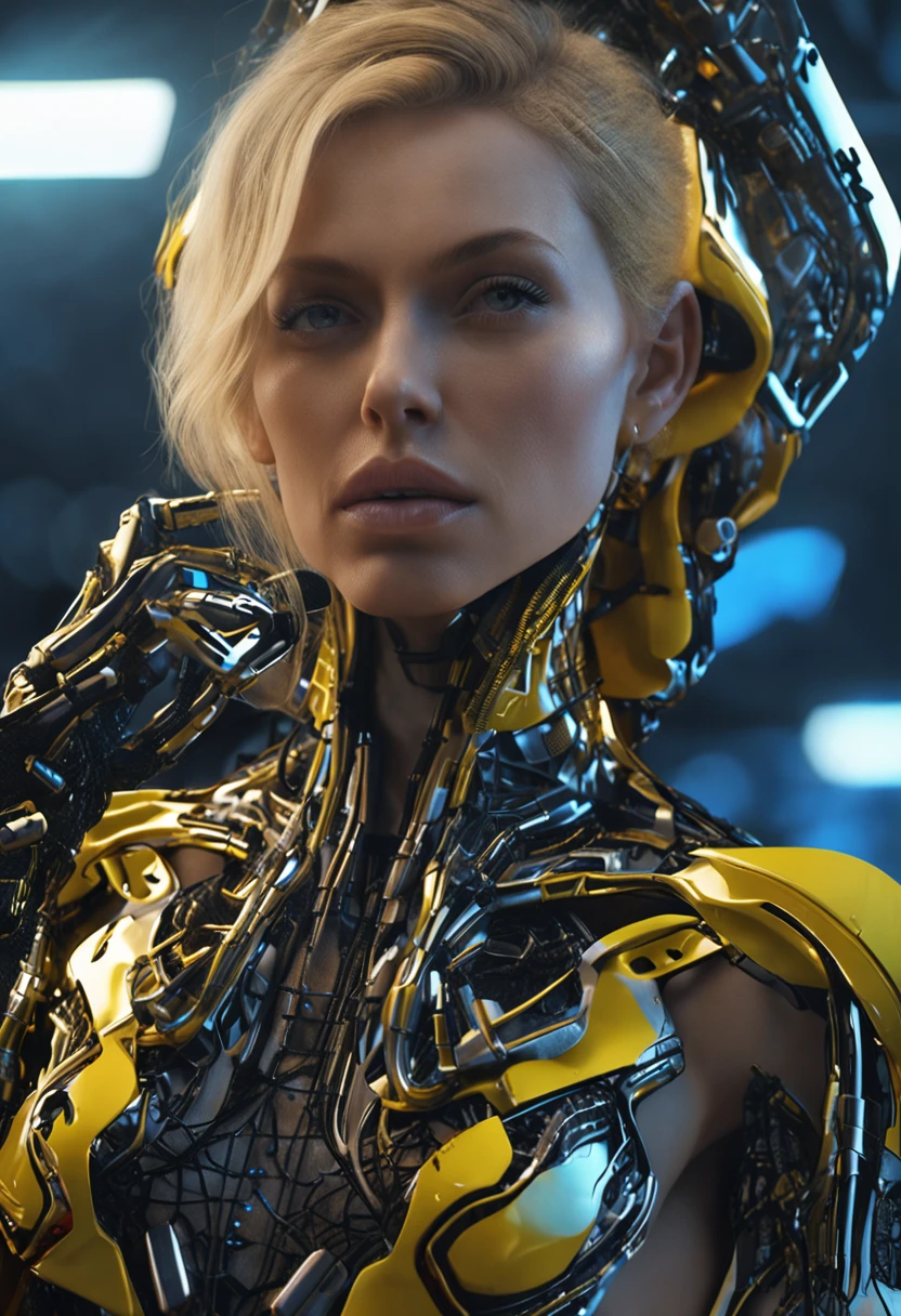 fashion shot of a beautiful woman blond super model in cybernetic suit, "yellow lips" and black, high fashion, perfect composition, beautiful detailed intricate insanely detailed octane render trending on artstation, 8 k artistic photography, photorealistic concept art, soft natural volumetric cinematic perfect light, chiaroscuro, award - winning photograph, masterpiece, oil on canvas, raphael, caravaggio, greg rutkowski, beeple, beksinski, giger, sf, intricate artwork masterpiece, ominous, matte painting movie poster, golden ratio, trending on cgsociety, intricate, epic, trending on artstation, by artgerm, h. r. giger and beksinski, highly detailed, vibrant, production cinematic character render, ultra high quality model