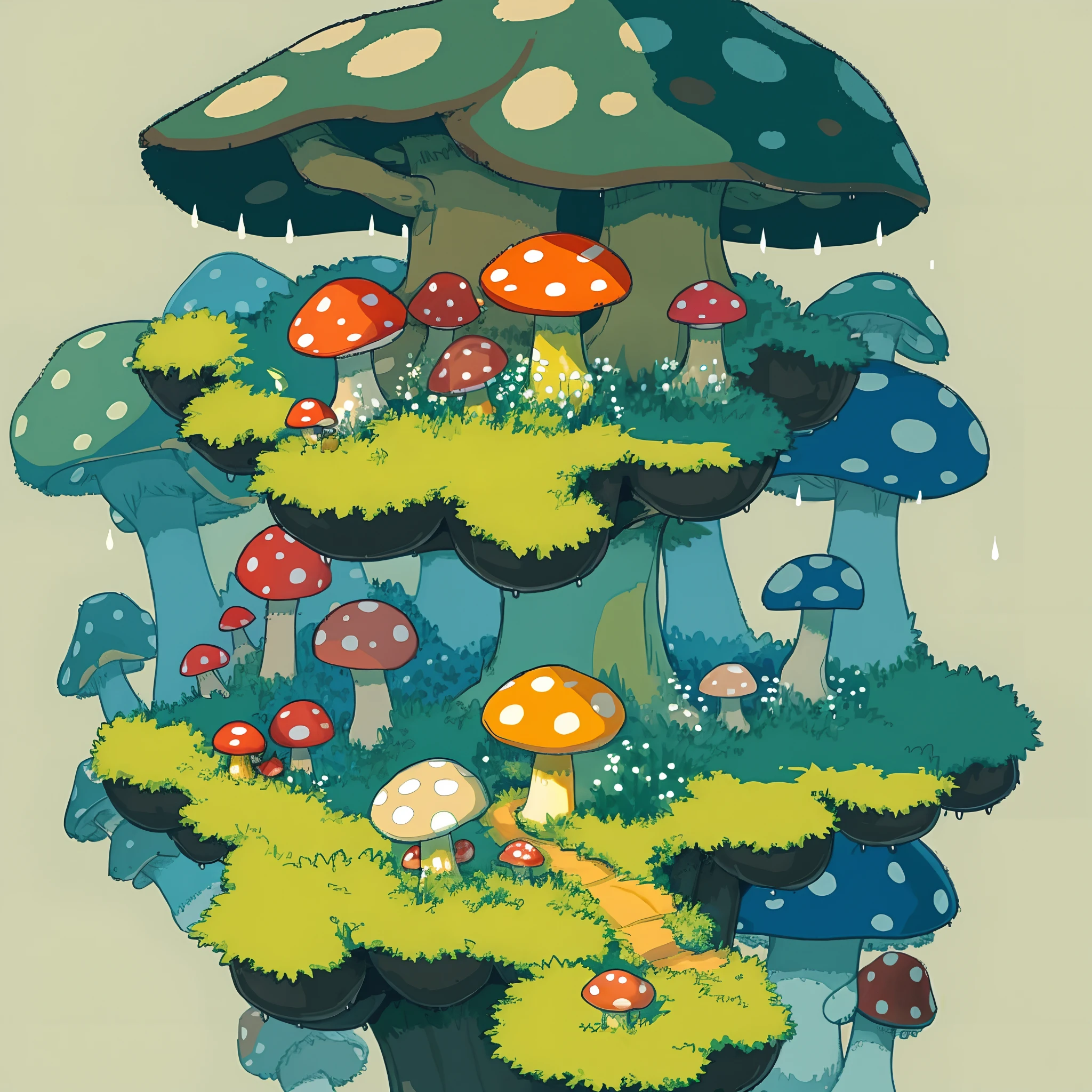 top quality, best quality, High-quality illustrations, masterpiece, Treetops sheltering in the rain under a large mushroom, pixel art, dots, Quarter View, Isometric View,