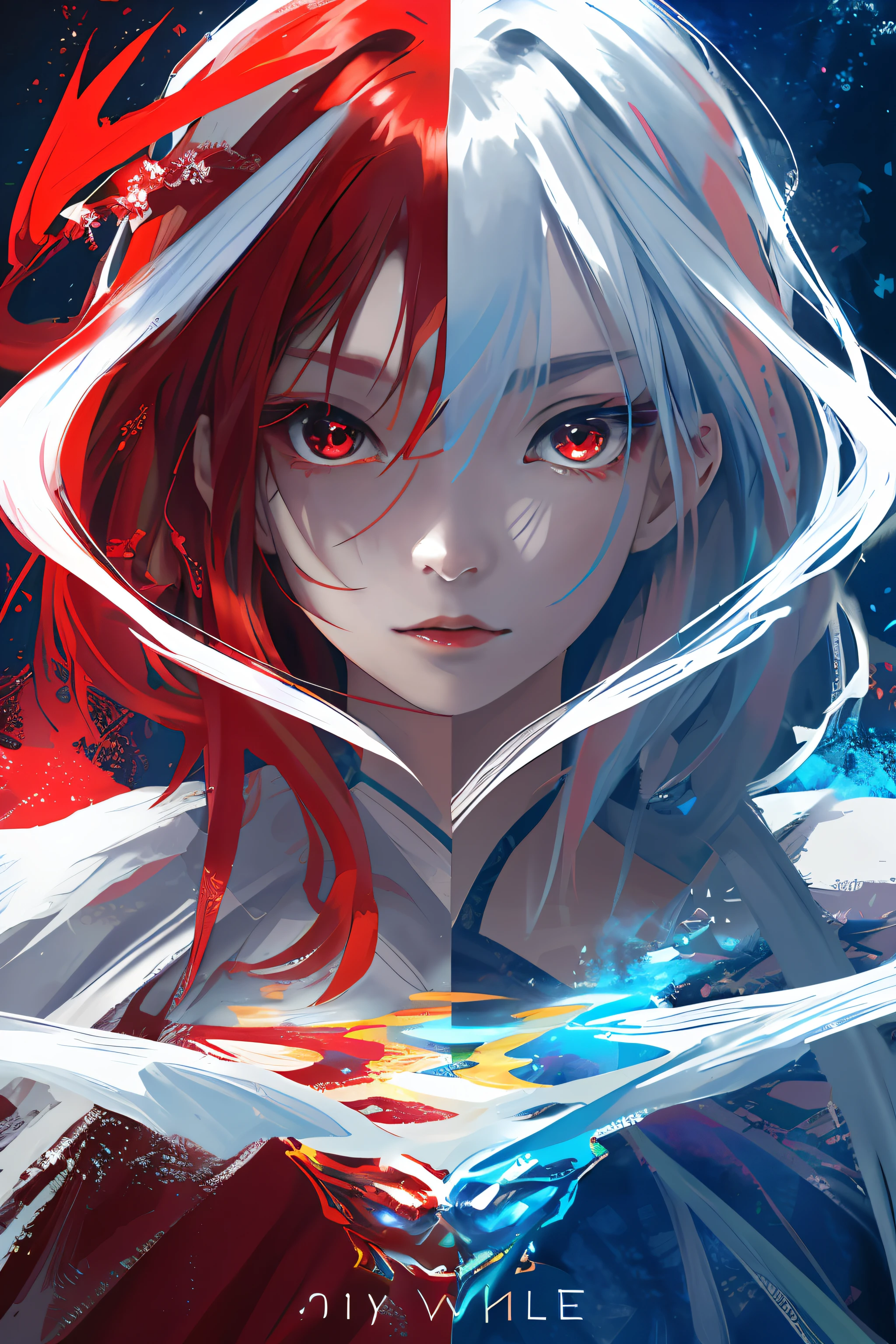 realisticlying、Masterpiece quality、best qualtiy、offcial art、Beauty and aesthetics：1.2、Very detailed fractal art、Colorful abstract background、Kizi、Kamimei、The color hair、long whitr hair、luminous red eyes、Mysterious magic、Girl of Ice and Fire，Red and blue color scheme，cinematric light