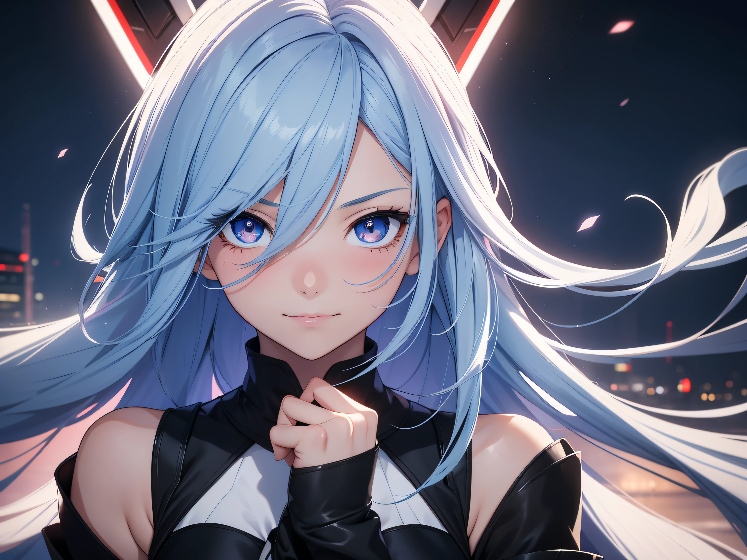1girl, anime girl, sky blue hair, long hair, , (master piece), black eyes, (curious), (blushing), (((bright lighting))), focus on face, ((ultra realistic eyes)) ((detailed face)), DSLR photography, smile, ((cinematic lighting)), ISO 200, 8K, RAW, unedited, symmetrical balance, in-frame, symmetrical face, symmetrical body, symmetric hands, 25 year old, red eyes, white and black clothes