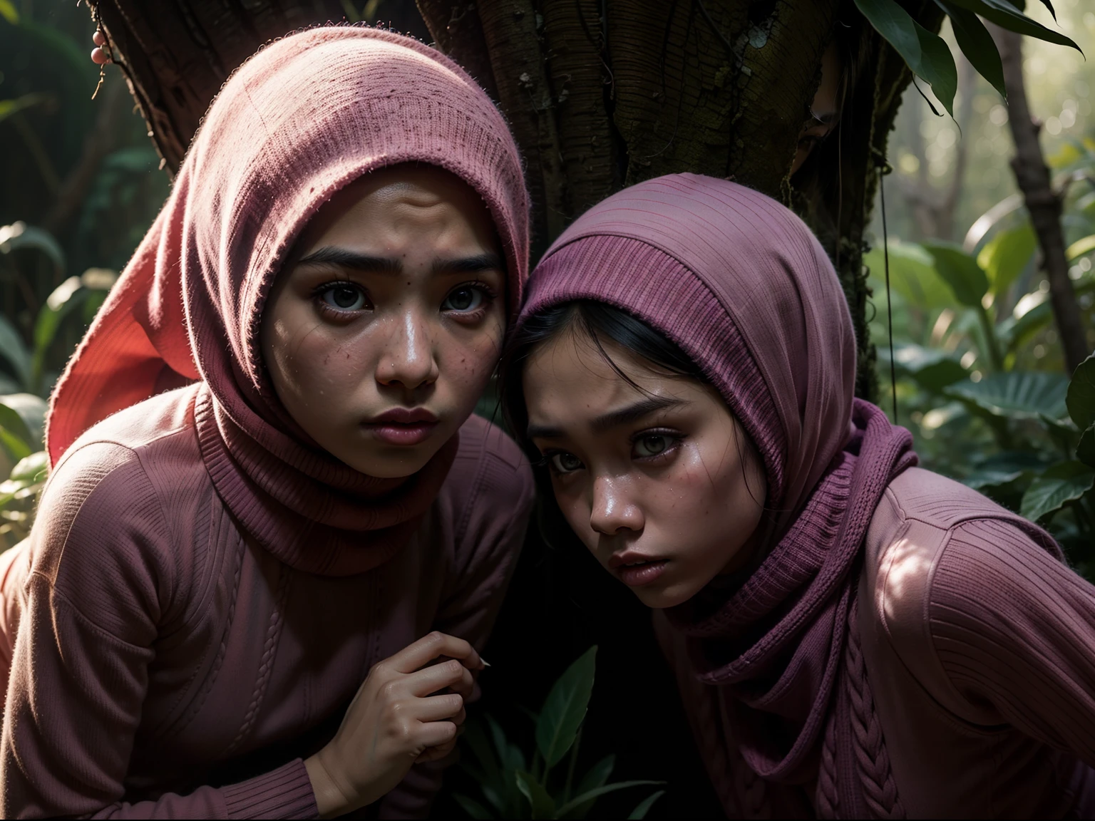Two malay girl in hijab lost in fantasy jungle, beautiful girl, petite body, wear sweater and tight pink leggings, scared face, sweating, cinematic lighting, professional photography, ultra realistic face,
