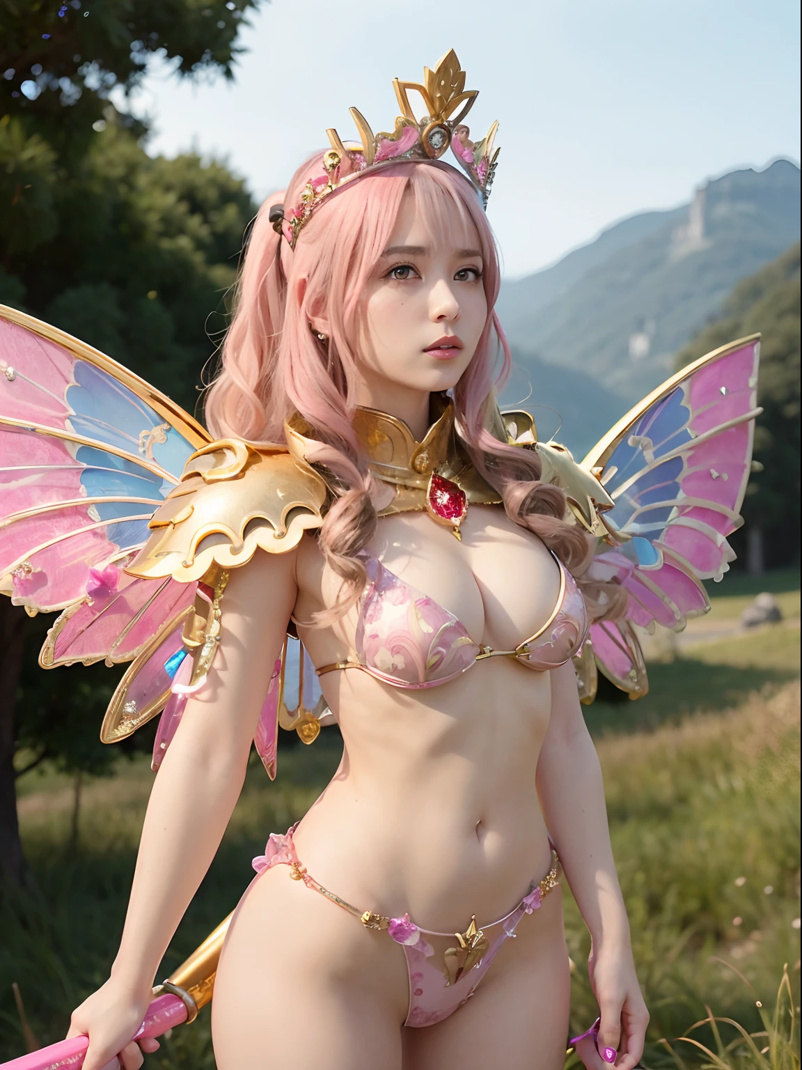 (masutepiece), Professional , masterpiece、top-quality、photos realistic , depth of fields (Gemstone Silver Metal Body:1.9),(Matte Pink、Jewel Gold Weapon、(Gorgeous castle background)、(ultimate beauty girl)、(Fairy wings grow on her back)、(Jewel Metal Body:1.9),Gorgeous Jewel Metal Weapons , Detailed Sword of the Brave ,( a blond) ,warhammer 40k , adepta sororitas,Detail and ornate jewel crown、独奏、Brown hair、(Gangle's forest background)、Beautiful Caucasian beauty、1a person、dynamic ungle,(((Diamond tiara with detail and luxury)))、a small face、Powerful poses、(Gorgeous castle background)、huge filesize、20 year old beautiful woman、Stand in the center of the screen、Thin female fingers、Straight long hair、Beautiful Caucasian beauty、Valley、Hair fluttering in the wind、
