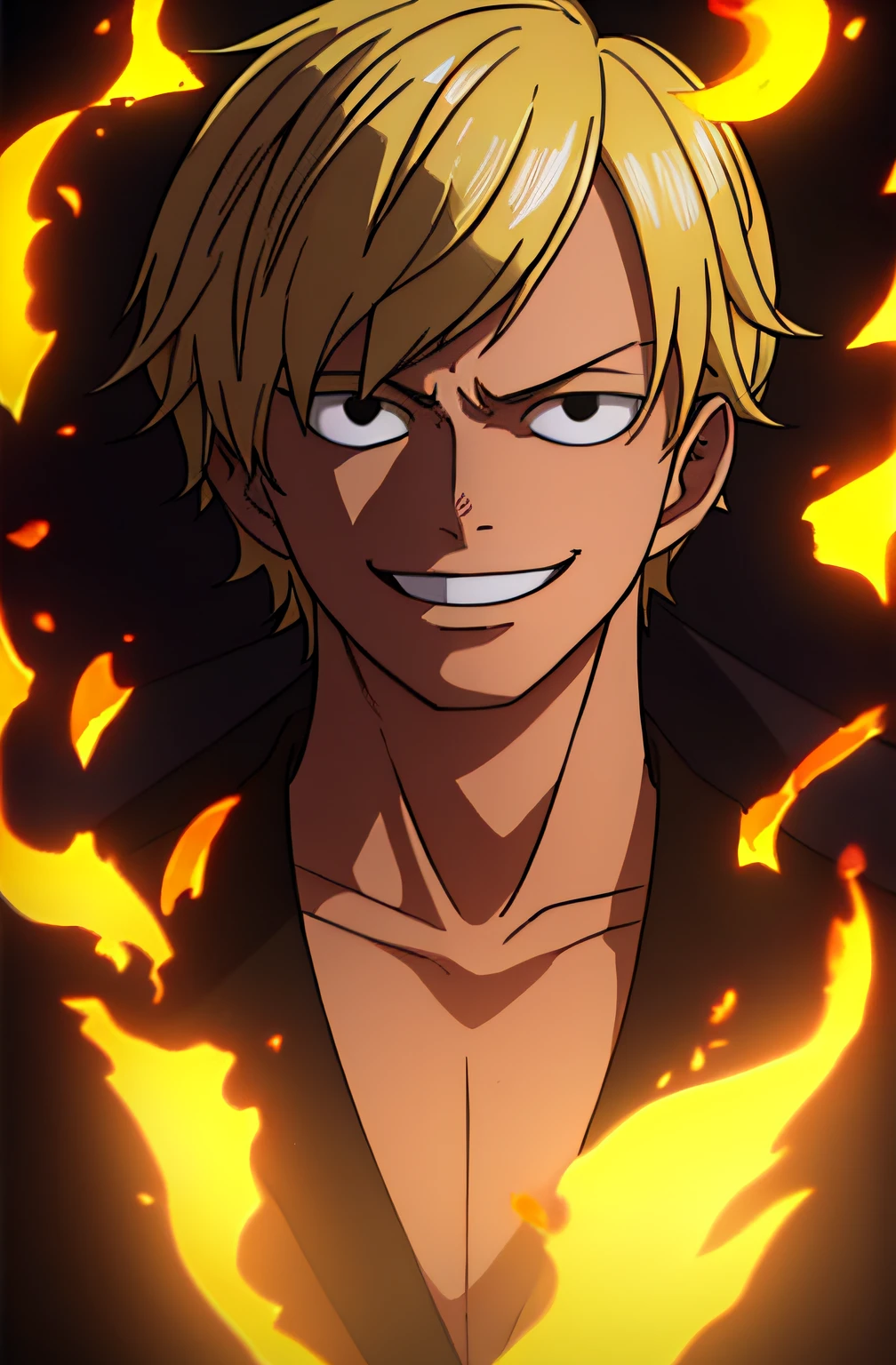 1boy, wanostyle, smiling, blonde hair, looking at viewer, solo, upper body, ((masterpiece)), (best quality), (extremely detailed), depth of field, sketch, dark intense shadows, sharp focus, soft lighting, hdr, colorful, good composition, fire all around, spectacular, closed shirt, anime screencap, ready to fight, black eyes,