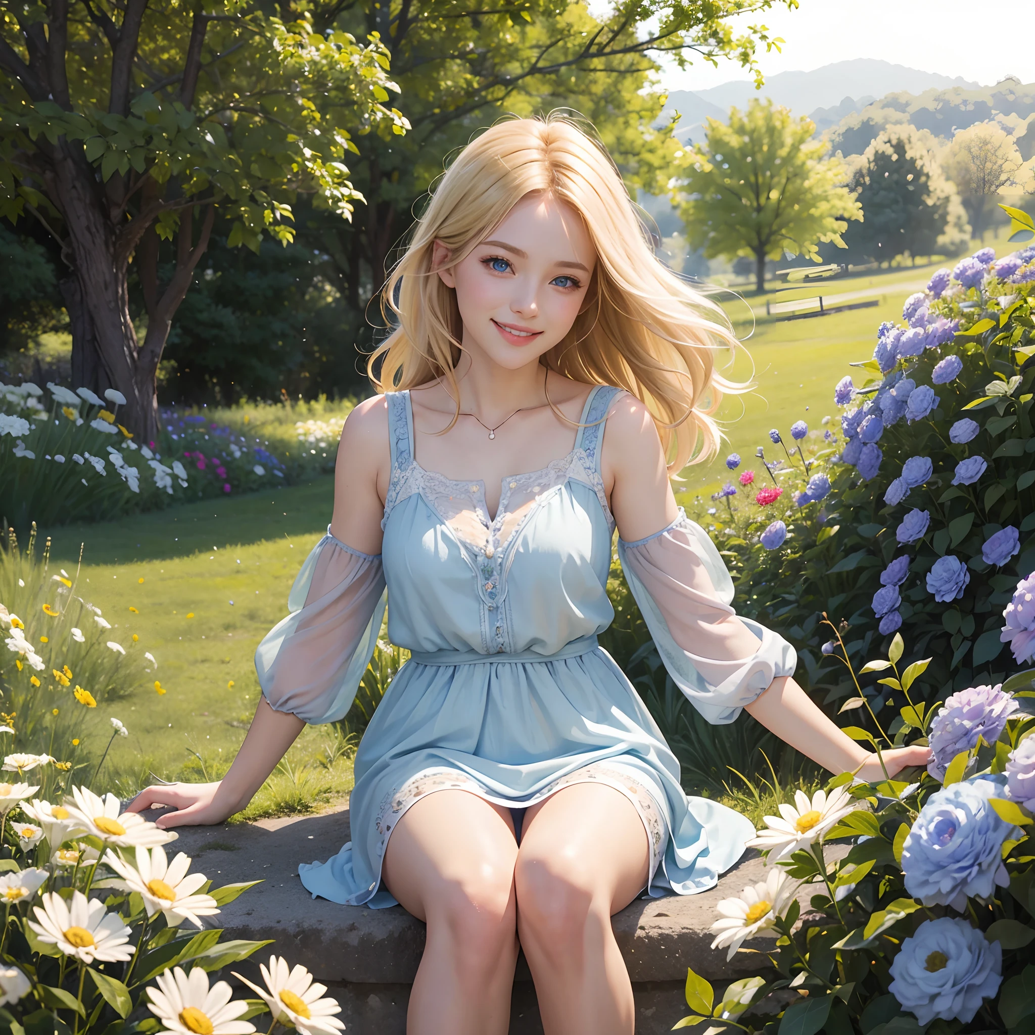 Realistic, beautiful girl, flowers clothes, cute face, blonde hair, blue eyes, smile, full body shot, 8k, high quality, high resolution, happy, beautiful face, sunshine, morning, countryside