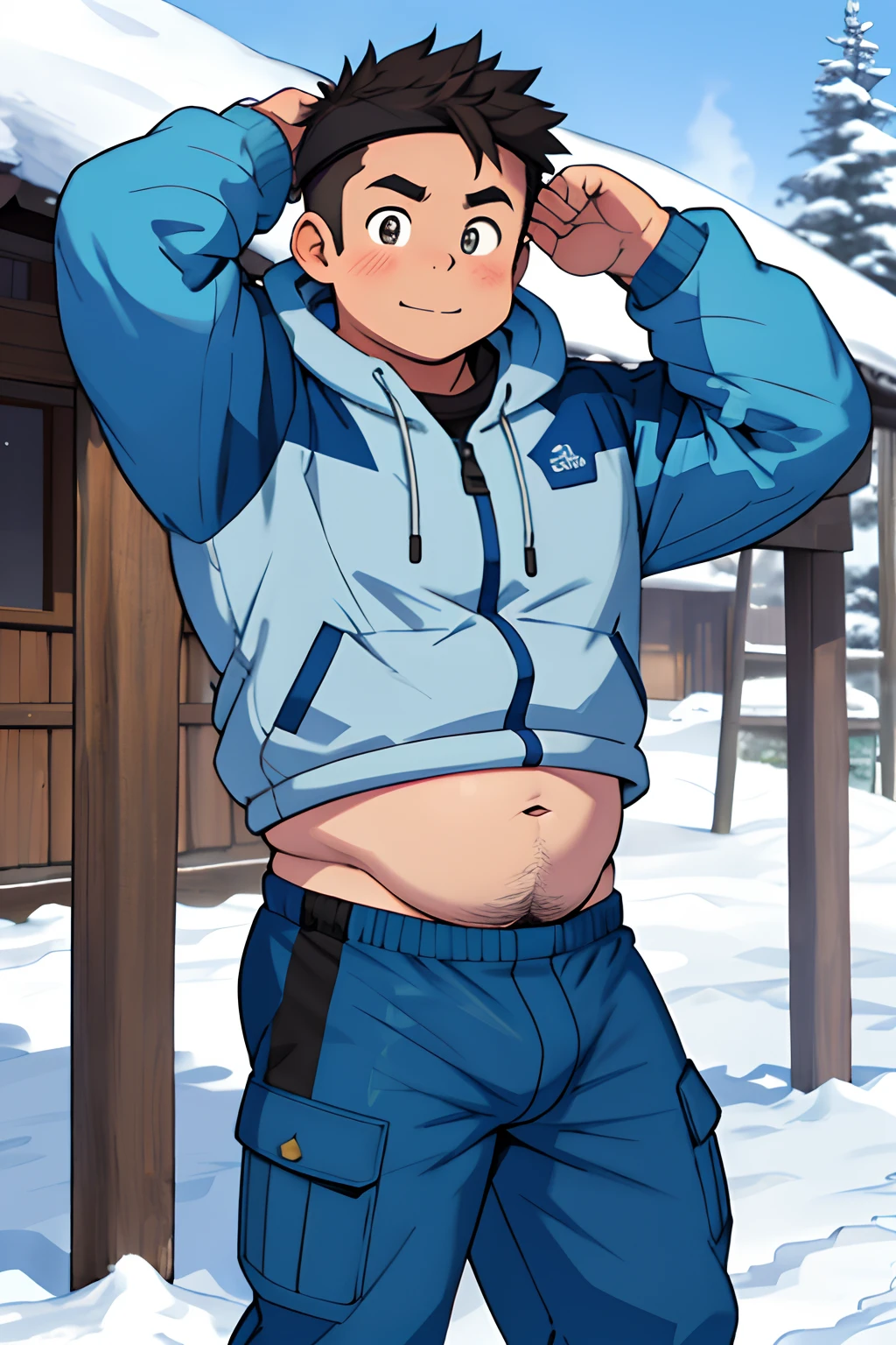Draw a chubby cute boy，Stand in front of a hut in the snow。Goggles are worn on the forehead，Wear thick adventure clothing，The clothes are open to reveal the belly，Chubby 18 year old boy，The crotch protrudes，pupils，prominent pubis，Shy，The crotch protrudes，Protruding pubis，The crotch is raised