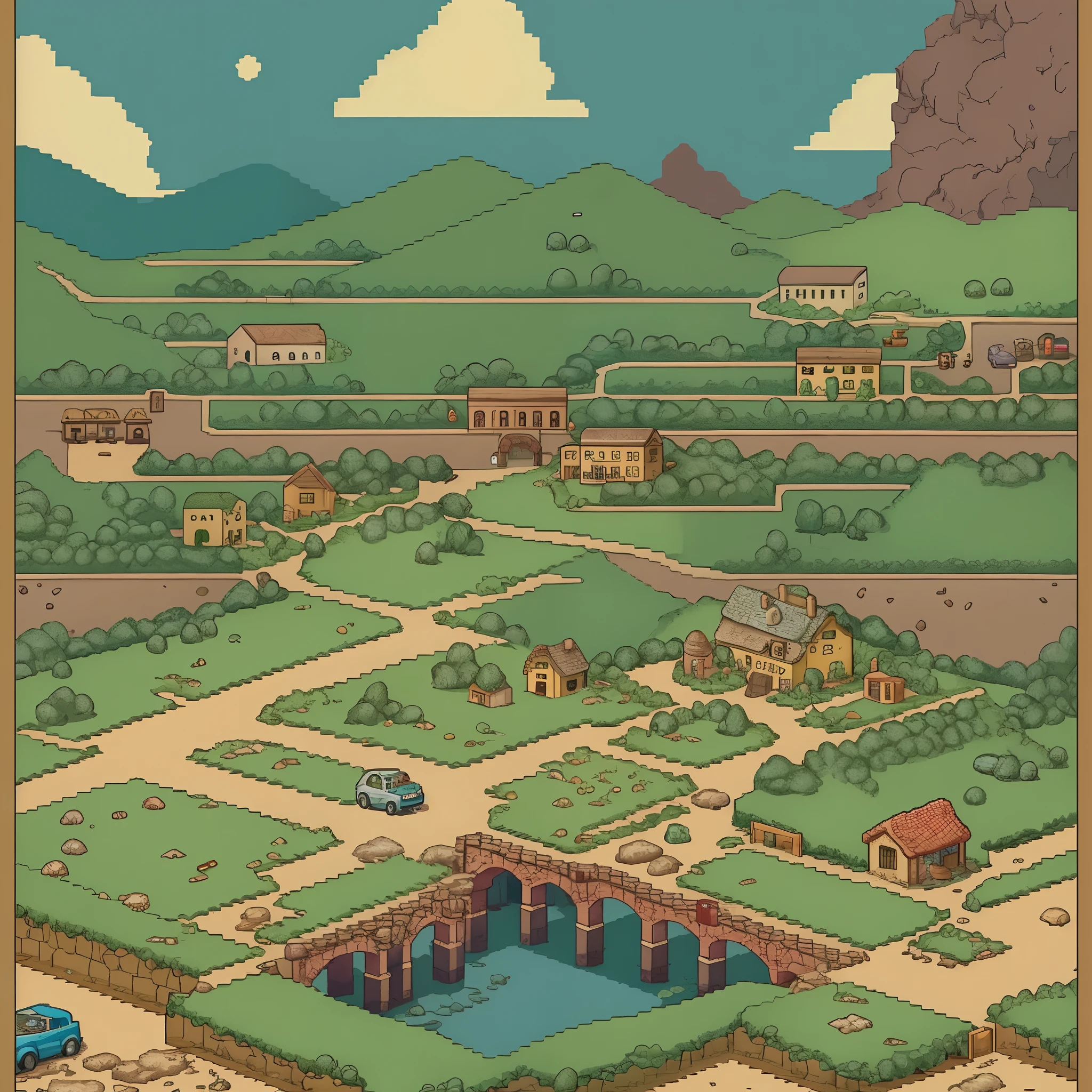 top quality, best quality, High-quality illustrations, masterpiece, mother2 map, town, load, car, pixel art, dots, Quarter View, Isometric View,