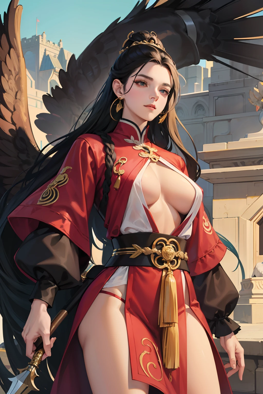 NSFW, obra-prima, melhor qualidade, ultra-detalhado, semi-realista, detailedfacialfeatures, 2 mulheres maduross,usando roupa toda negra antiga wuxia,cabelos compridos brancos,olhos escuros,Martial Sect Elder Battalion Style Women's Clothing, seios grandes,olhar arrogante mulher madura sensual,bonita,Towering warrior standing holding her battle spear and beside her mount a large giant eagle.